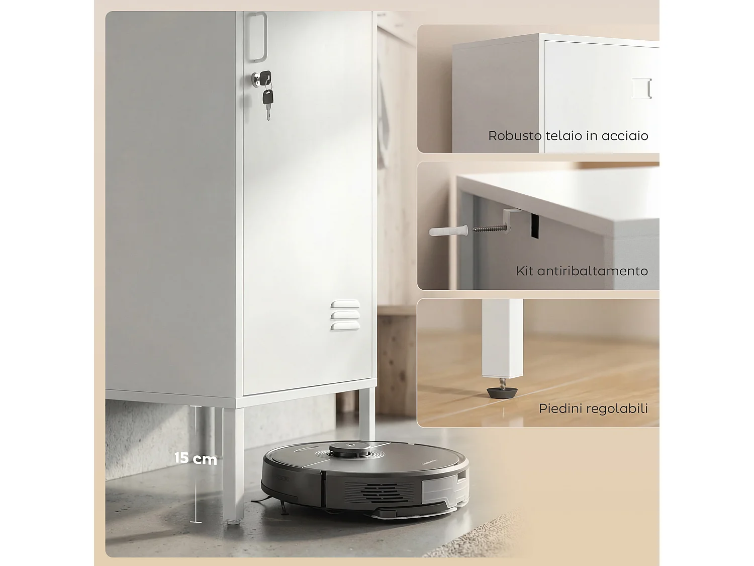 Armadietto metallico con portanome e asta appendiabiti bianco