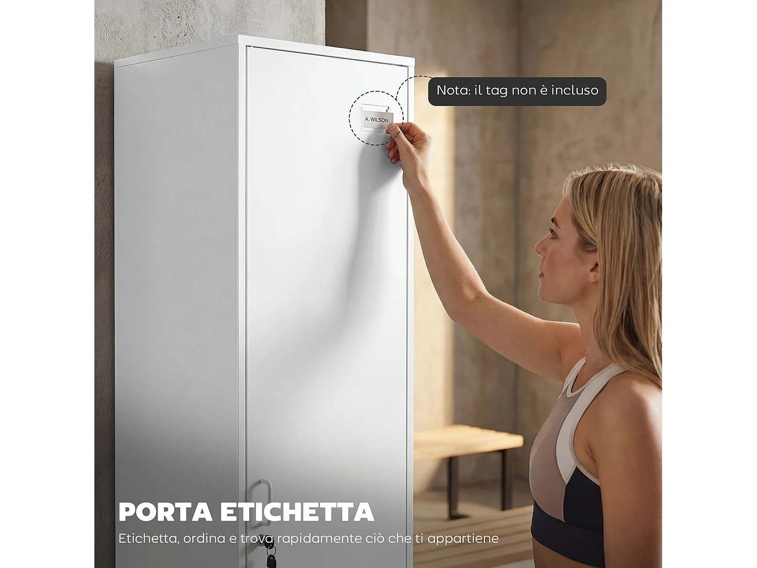 Armadietto metallico con portanome e asta appendiabiti bianco