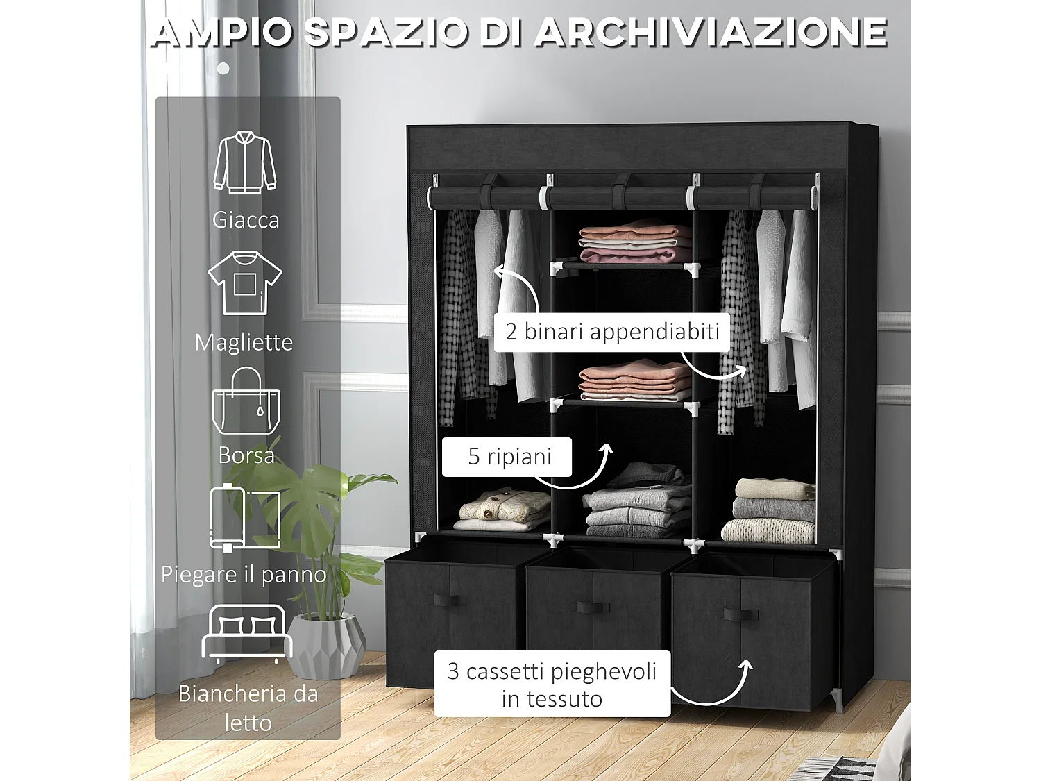 Armadio in tessuto pieghevole salvaspazio in tessuto nero