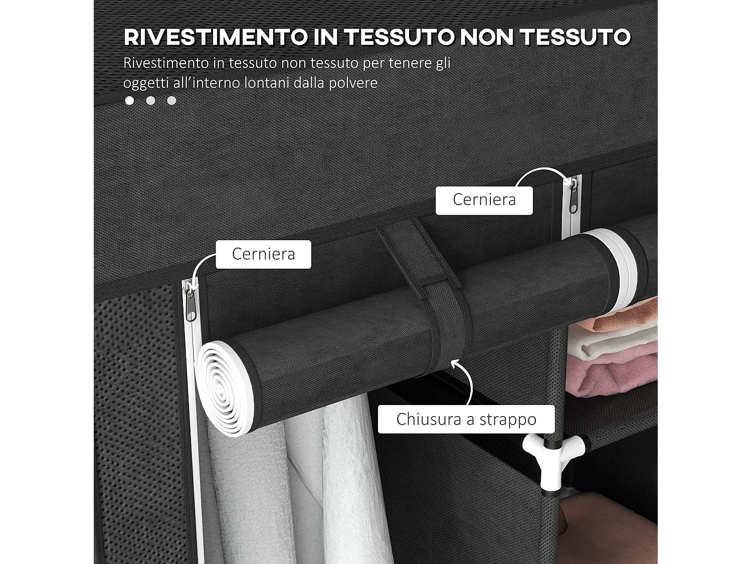 Armadio in tessuto pieghevole salvaspazio in tessuto nero