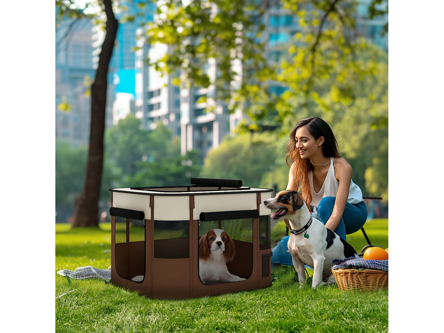 Recinto per cani e gatti con 6 finestre 3 porte 74x60x45 cm marrone