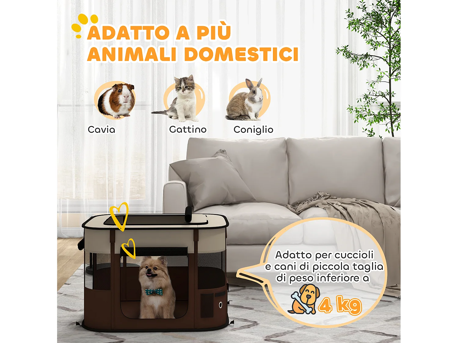 Recinto per cani e gatti con 6 finestre 3 porte 74x60x45 cm marrone