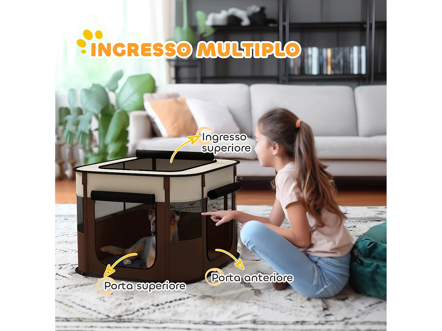 Recinto per cani e gatti con 6 finestre 3 porte 74x60x45 cm marrone