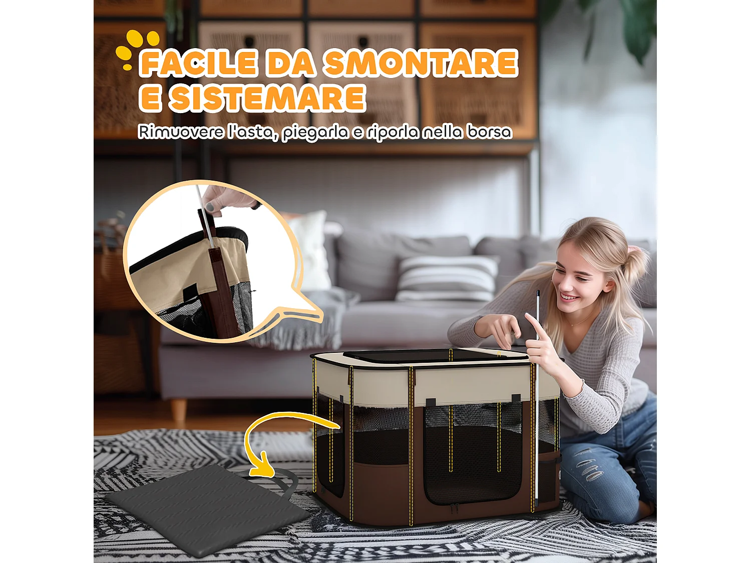 Recinto per cani e gatti con 6 finestre 3 porte 74x60x45 cm marrone