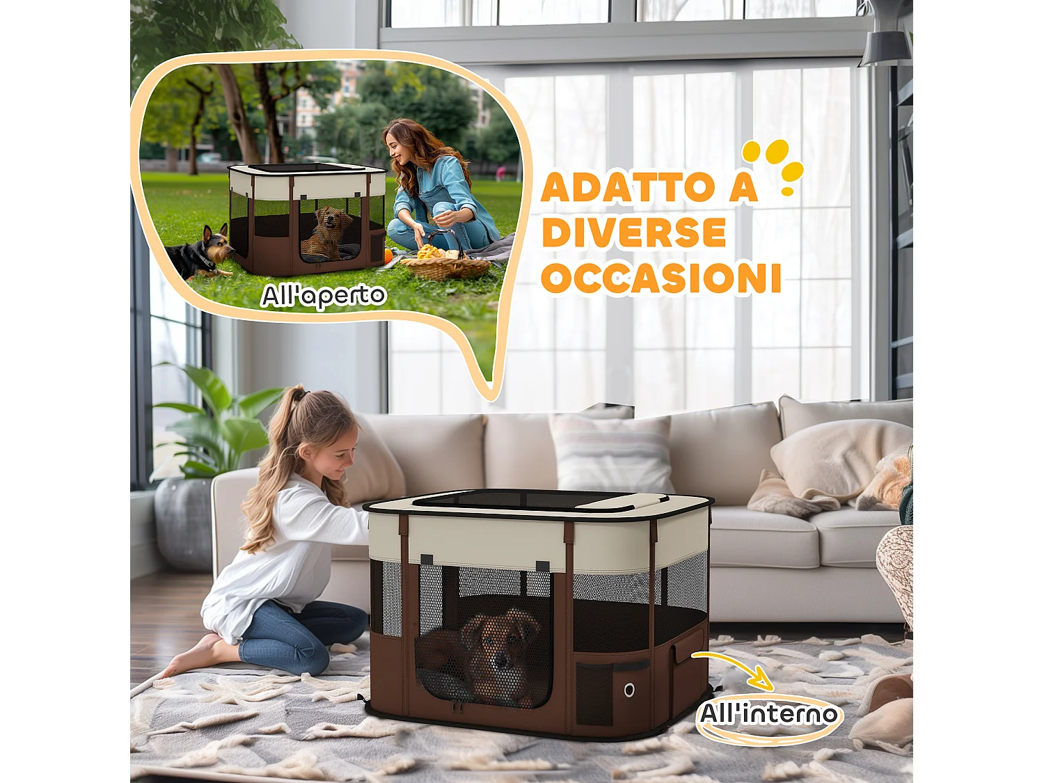 Recinto per cani e gatti con 6 finestre 3 porte 74x60x45 cm marrone