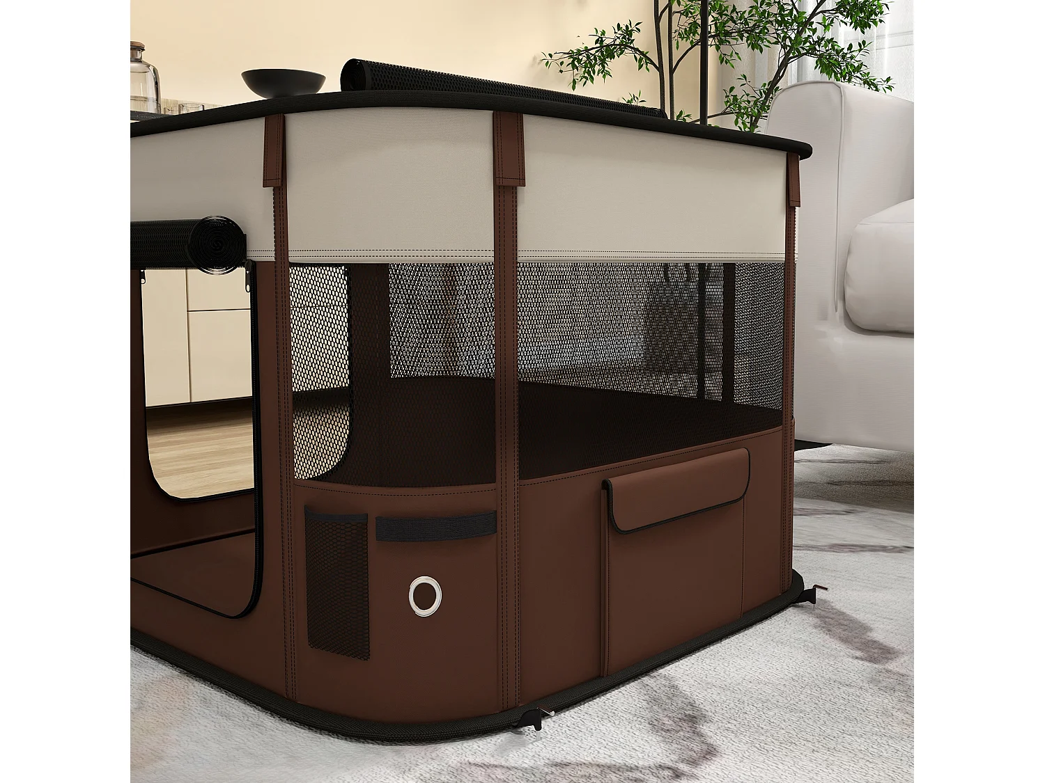 Recinto per cani e gatti con 6 finestre 3 porte 74x60x45 cm marrone