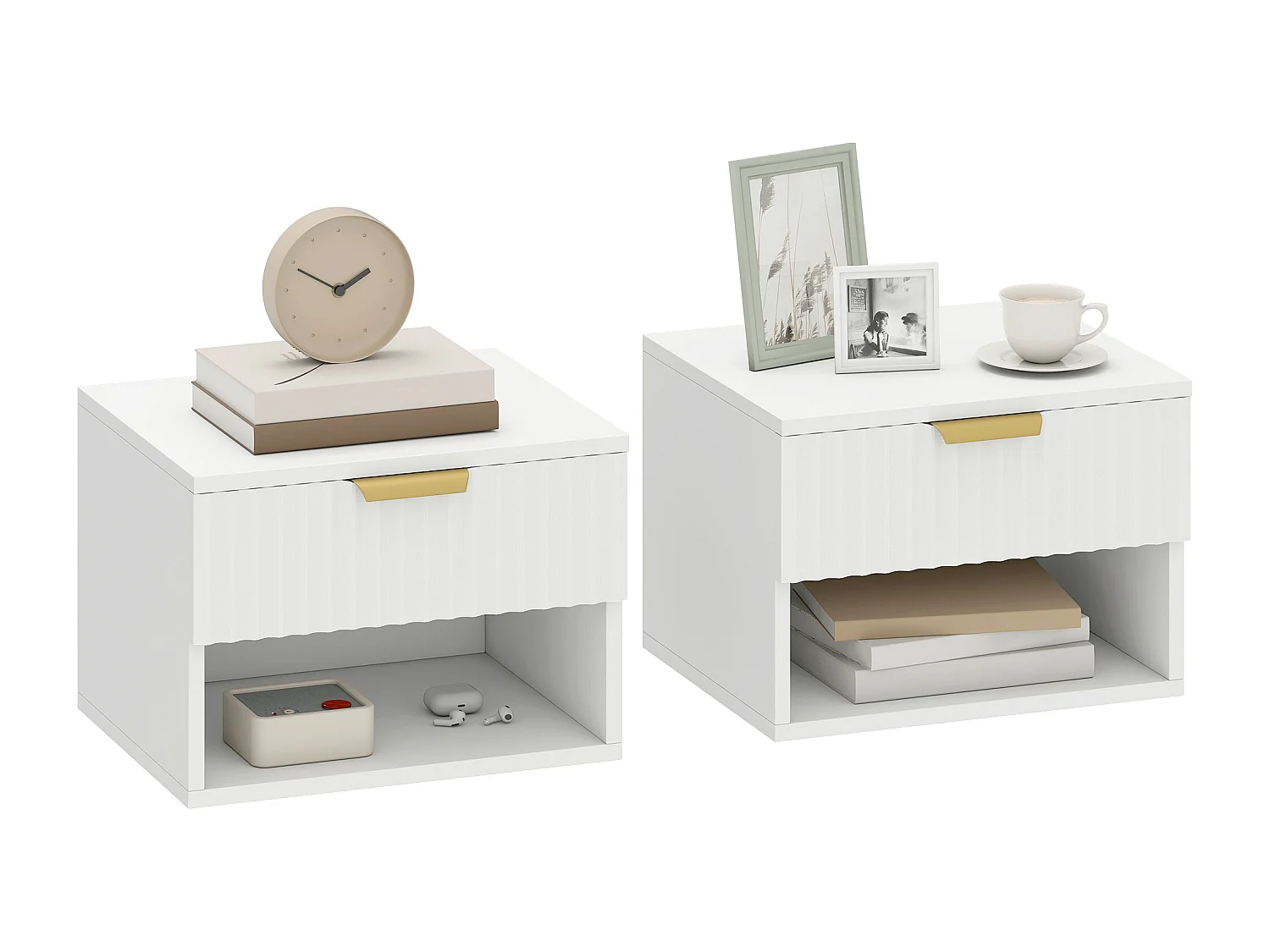 Set 2 comodini sospesi con pannelli scanalati cassetto e ripiano