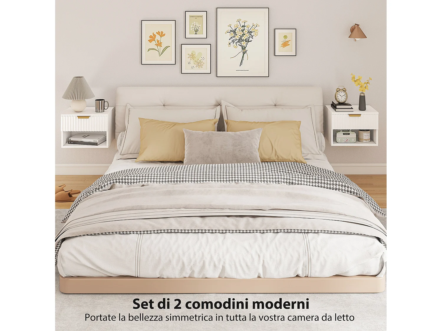 Set 2 comodini sospesi con pannelli scanalati cassetto e ripiano