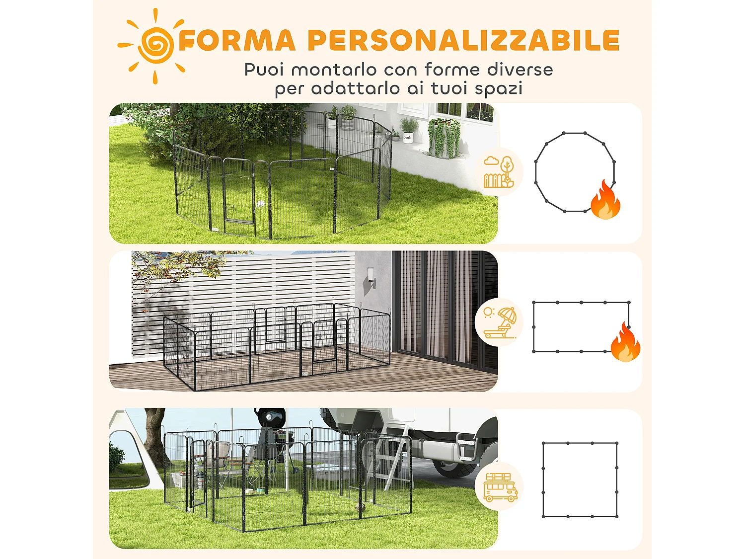 Recinto per cani 12 pannelli modulabili e 2 ingressi 80x100 cm grigio