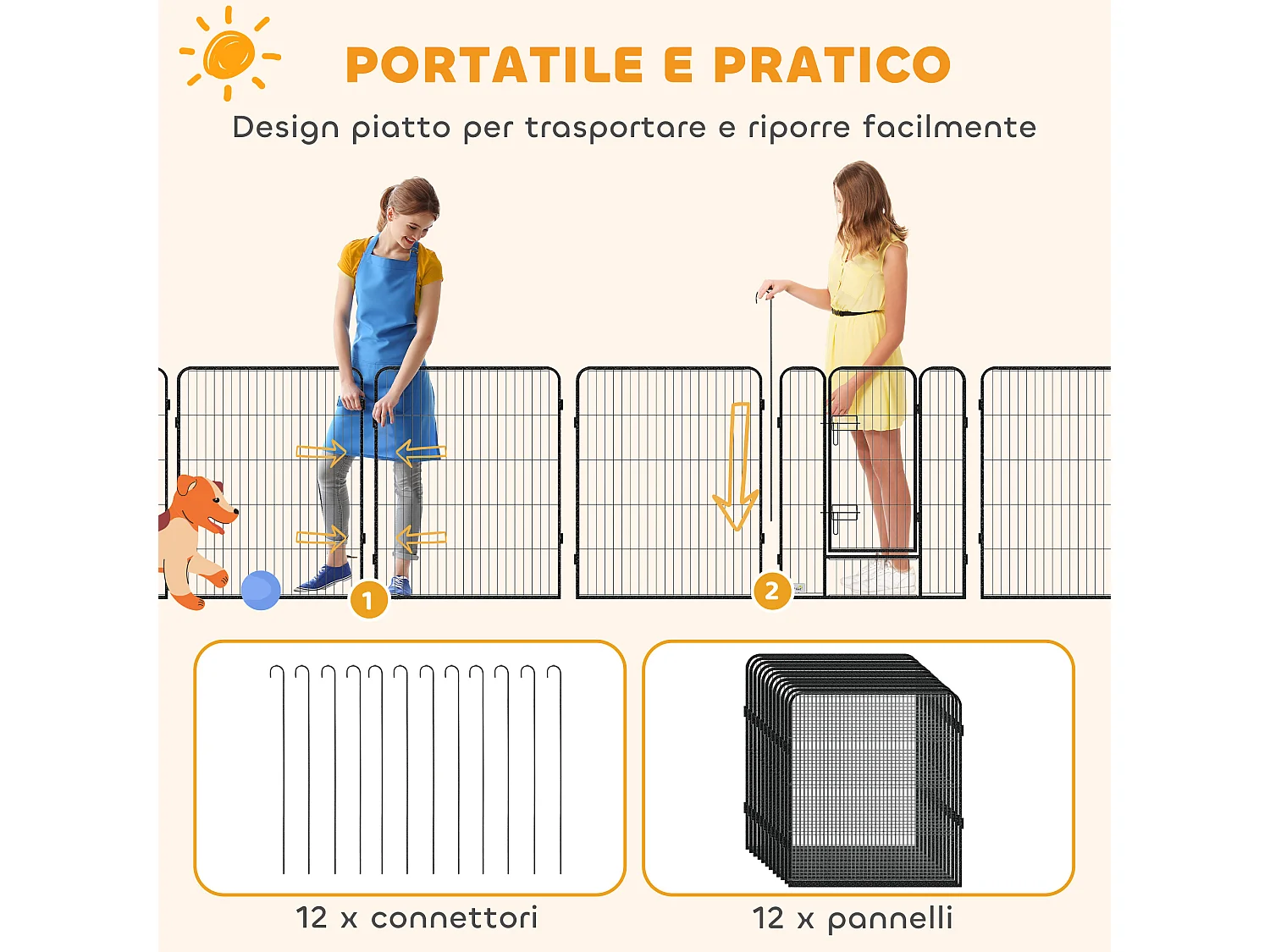 Recinto per cani 12 pannelli modulabili e 2 ingressi 80x100 cm grigio