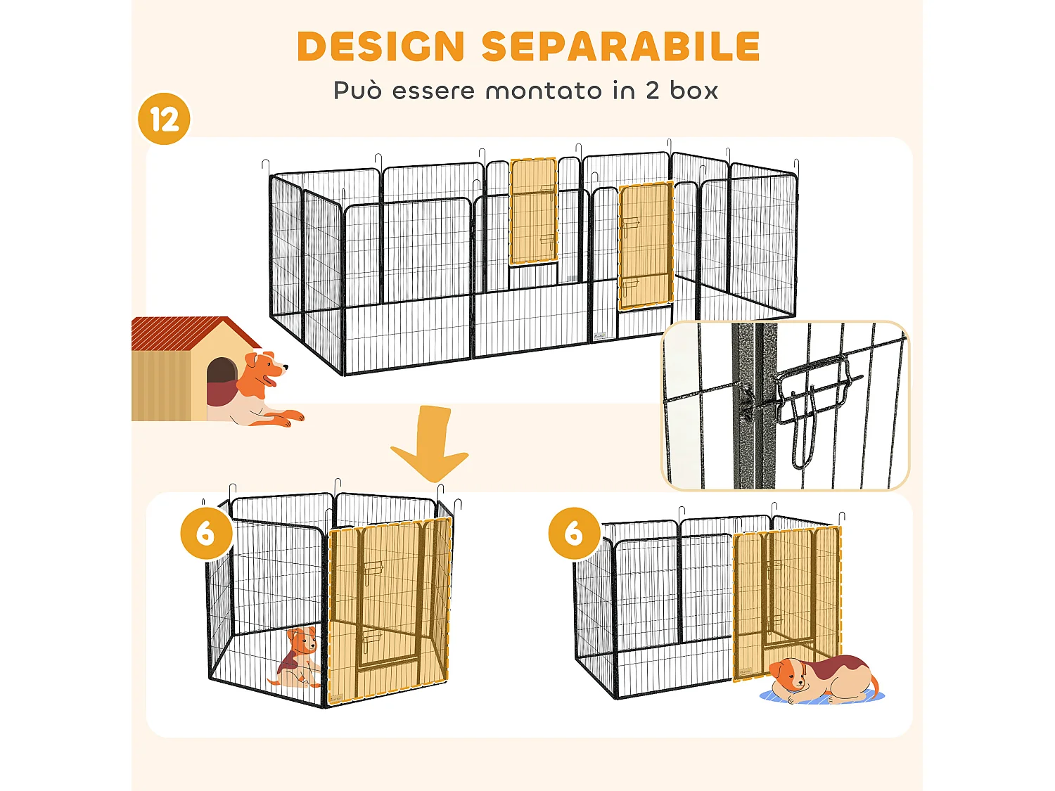 Recinto per cani 12 pannelli modulabili e 2 ingressi 80x100 cm grigio