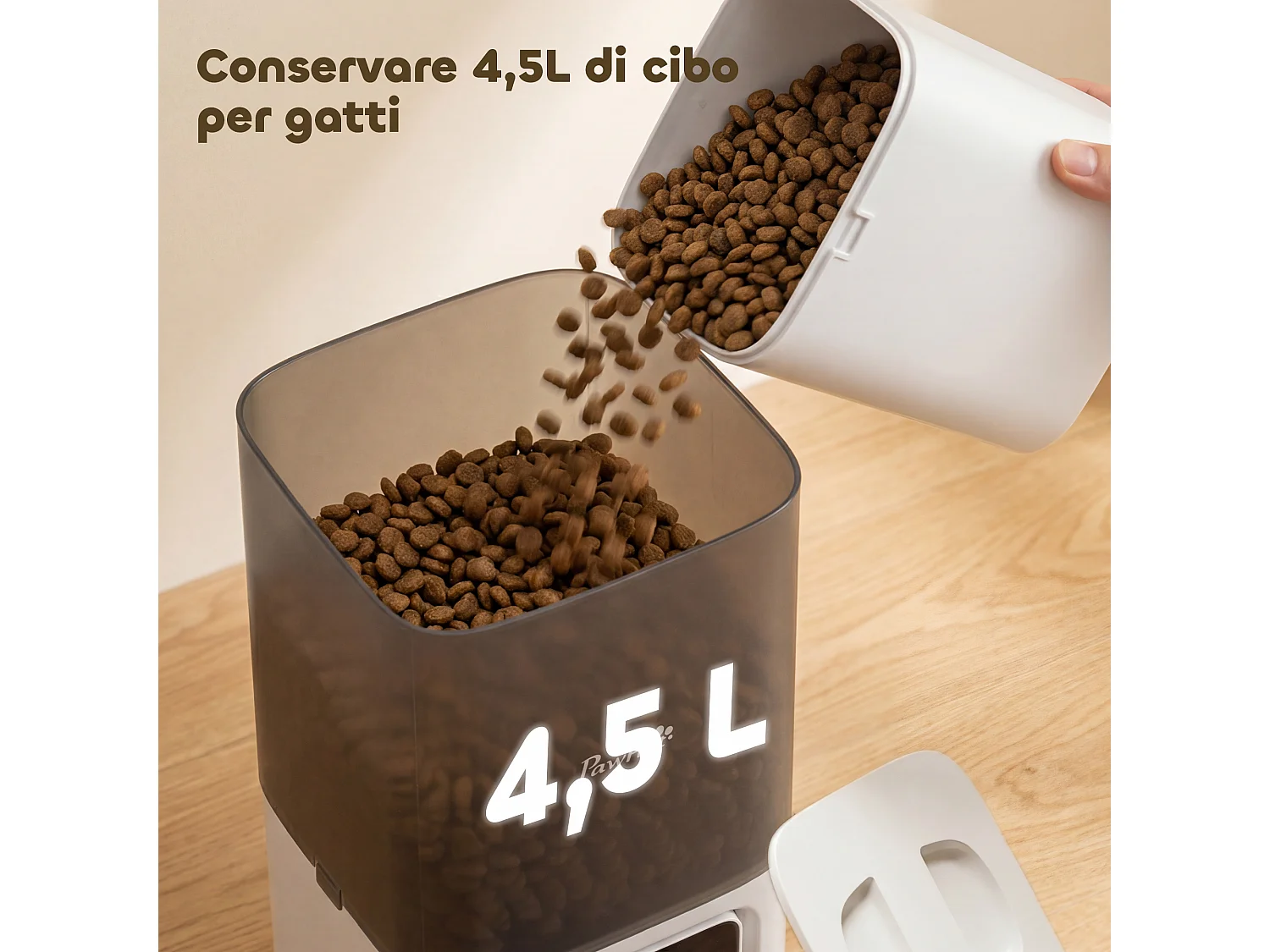 Distributore automatico di cibo per gatti 4.5l con app e timer bianco