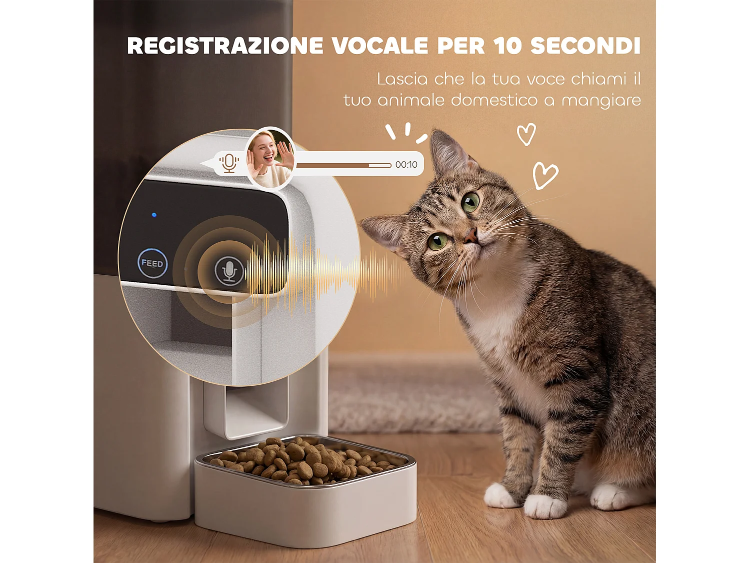 Distributore automatico di cibo per gatti 4.5l con app e timer bianco