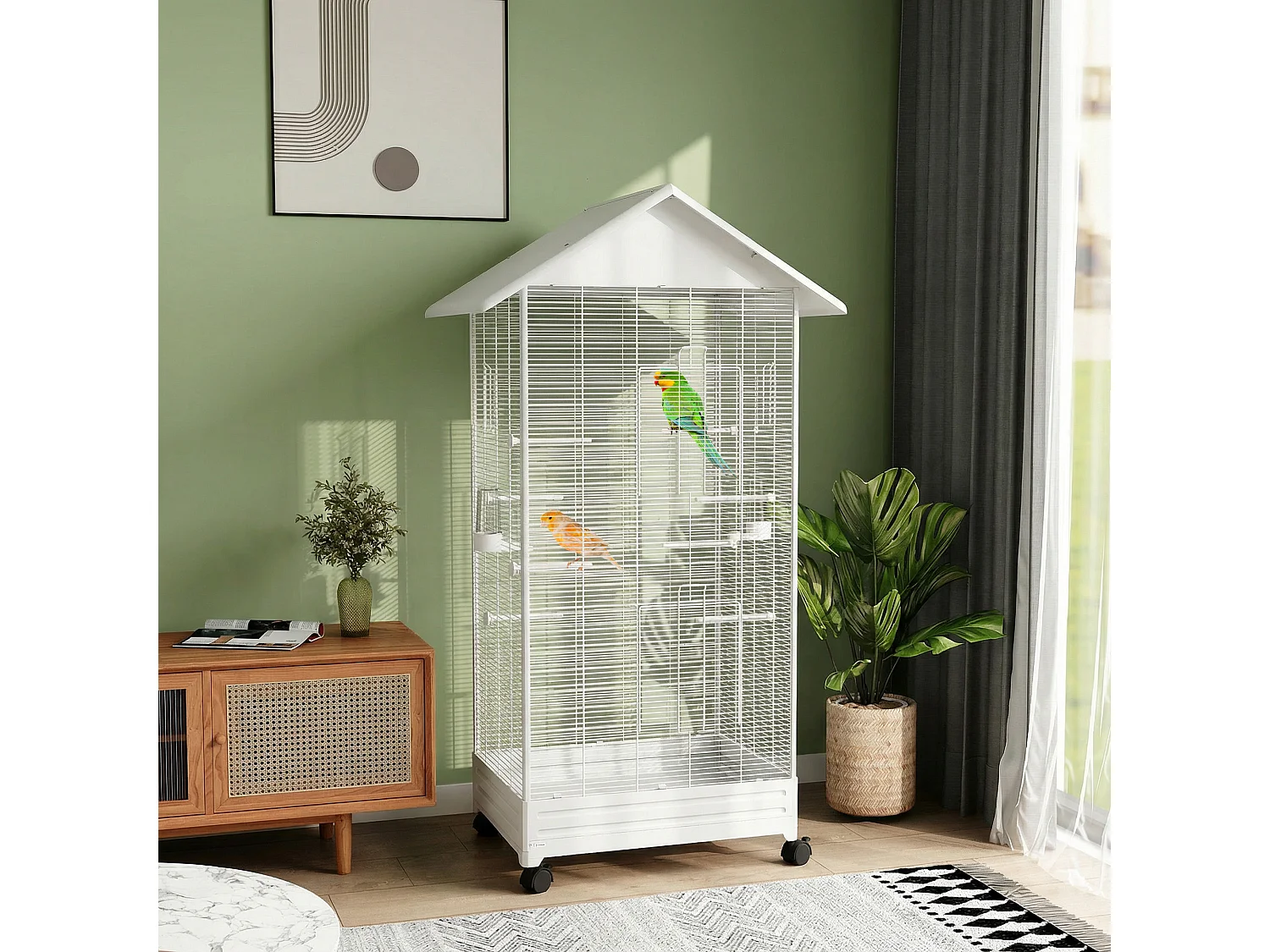 Gabbia per uccelli con ruote e vassoio in acciaio bianco