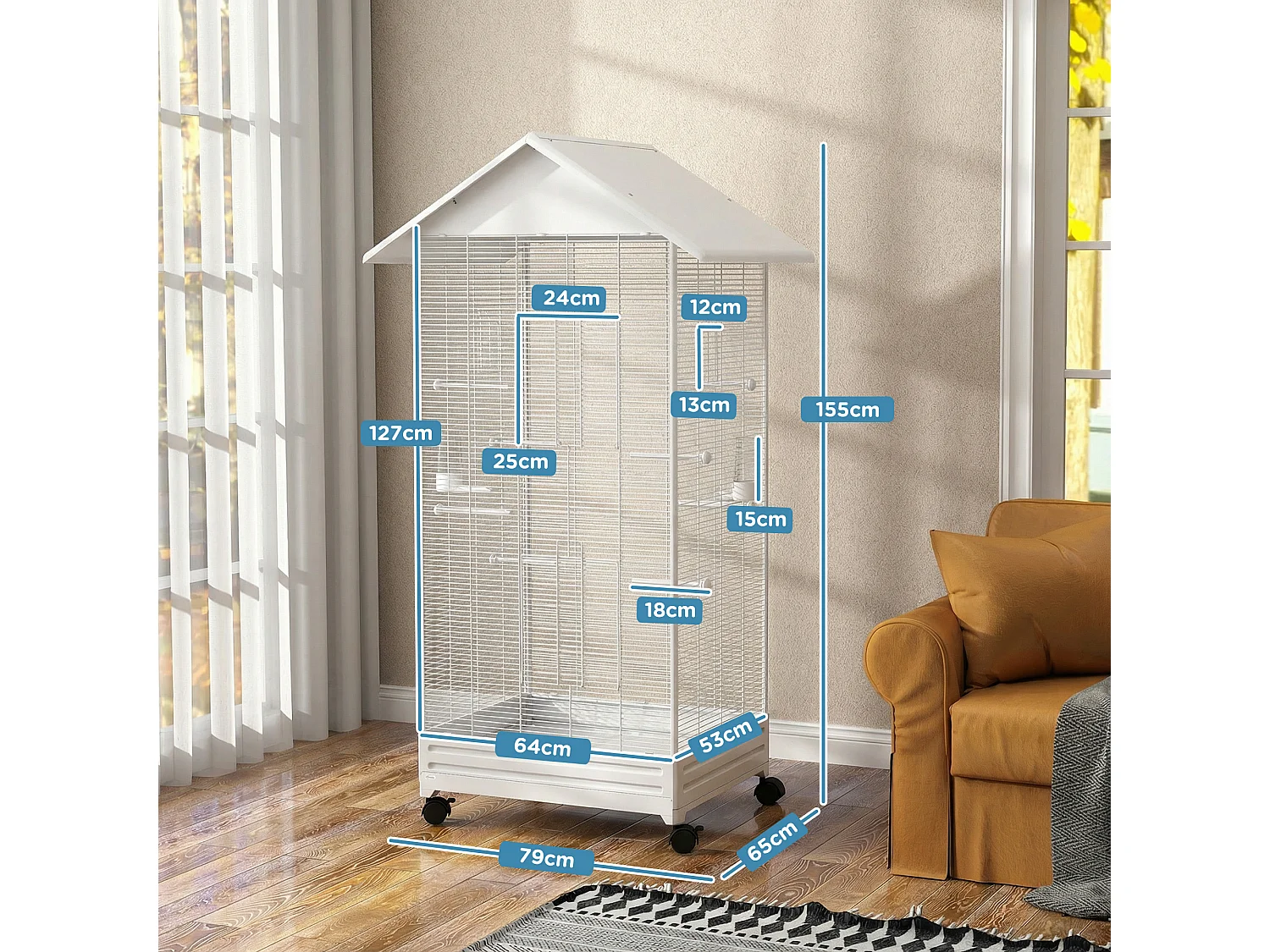 Gabbia per uccelli con ruote e vassoio in acciaio bianco