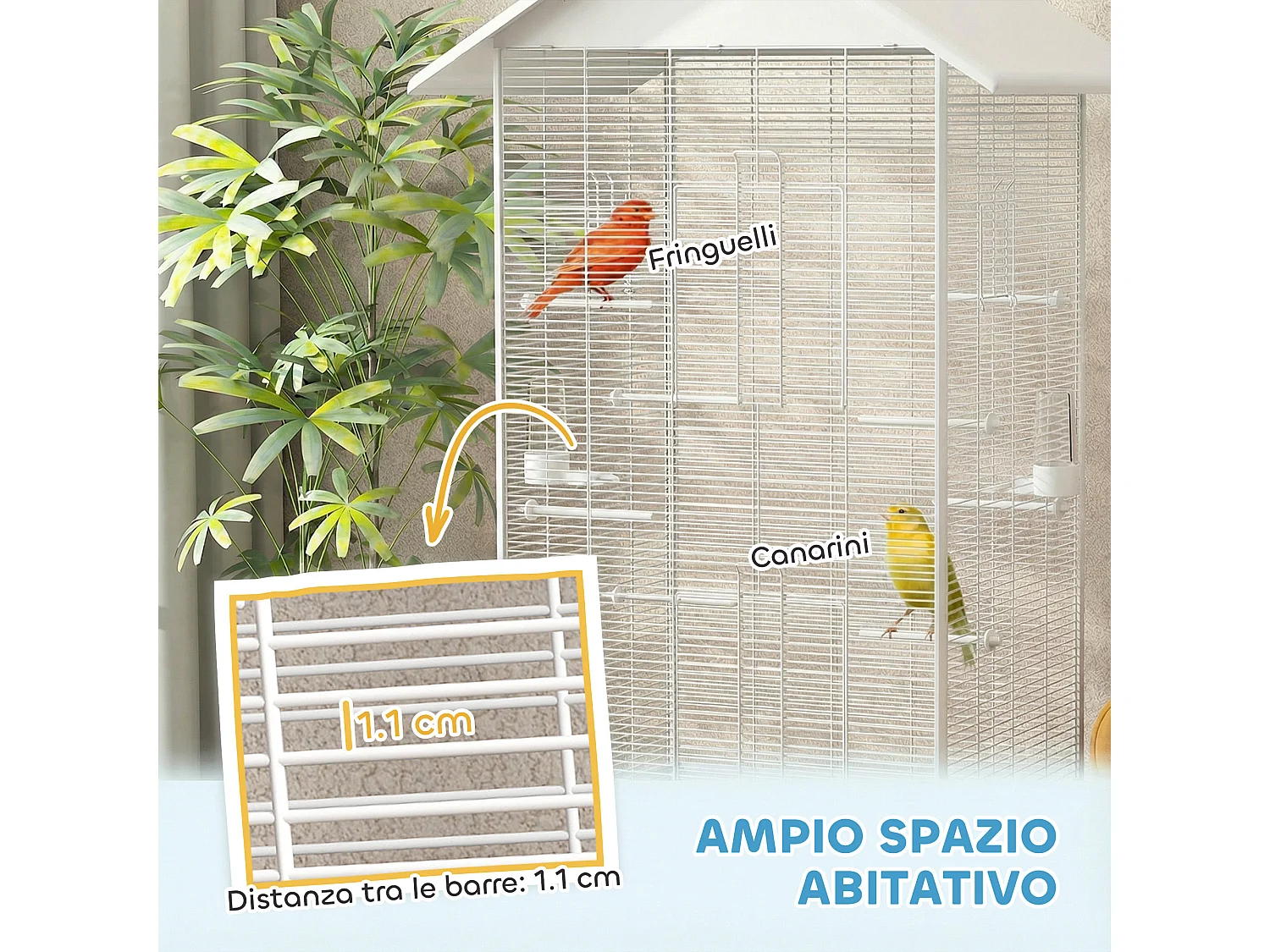 Gabbia per uccelli con ruote e vassoio in acciaio bianco