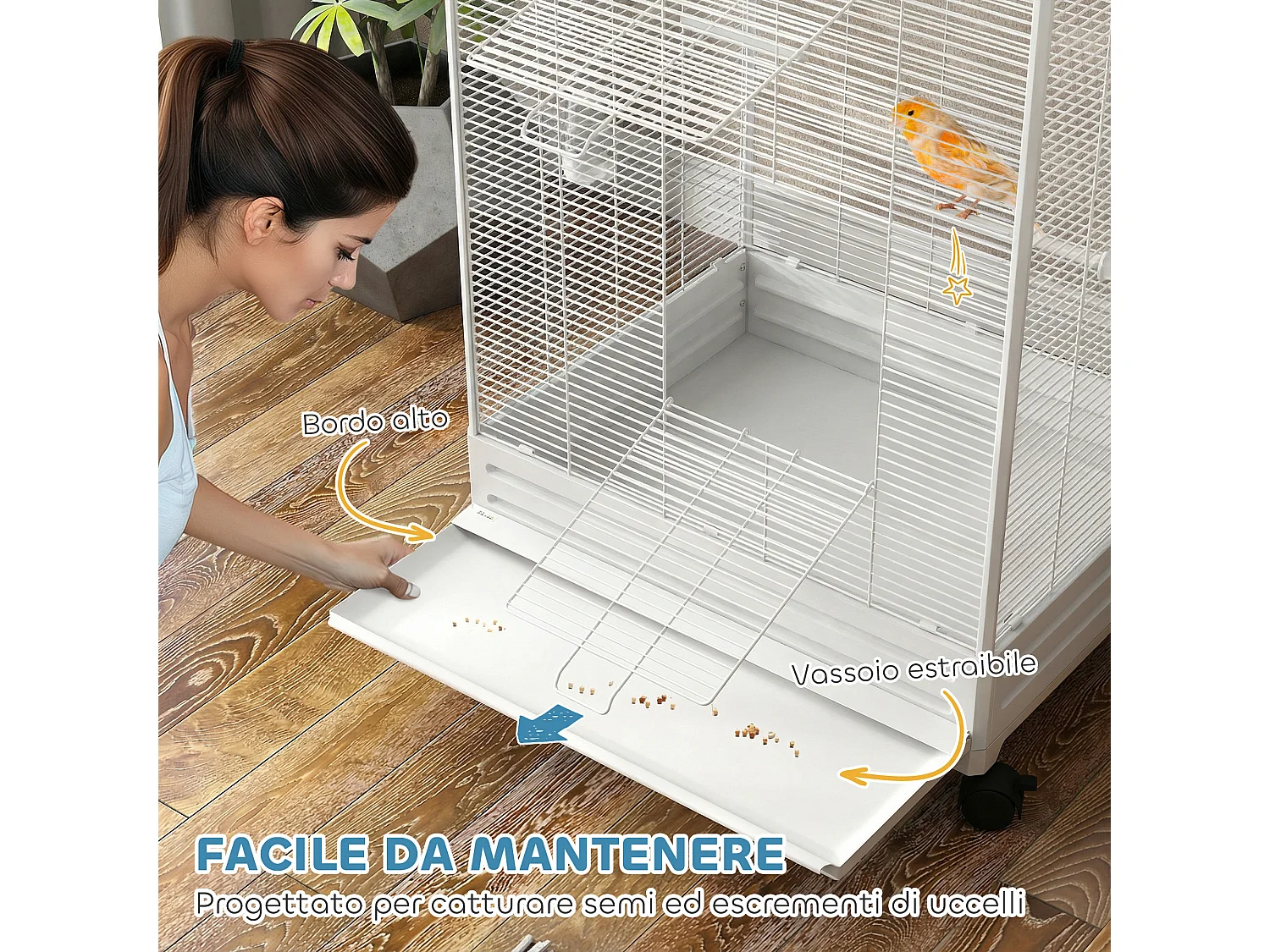 Gabbia per uccelli con ruote e vassoio in acciaio bianco