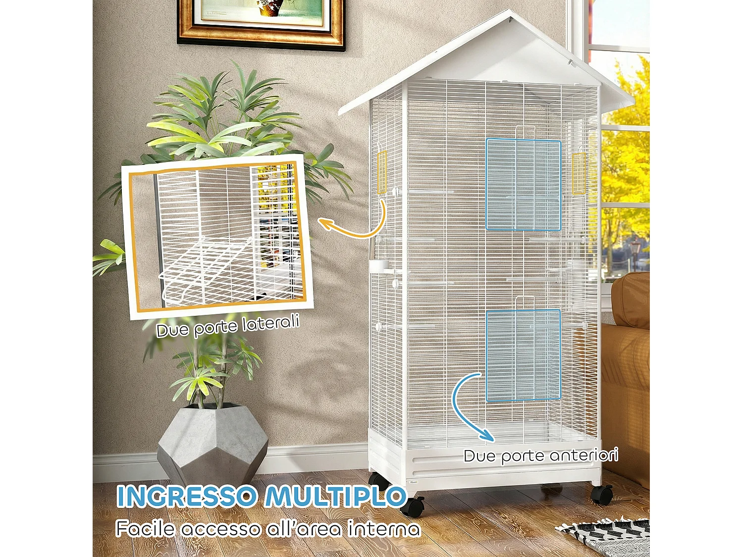 Gabbia per uccelli con ruote e vassoio in acciaio bianco