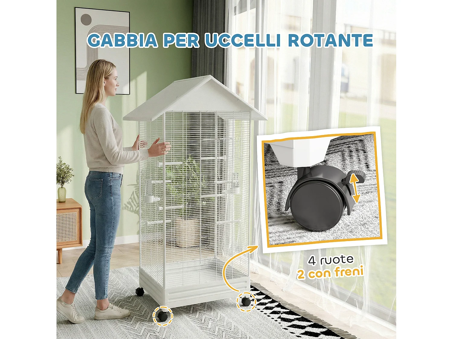 Gabbia per uccelli con ruote e vassoio in acciaio bianco