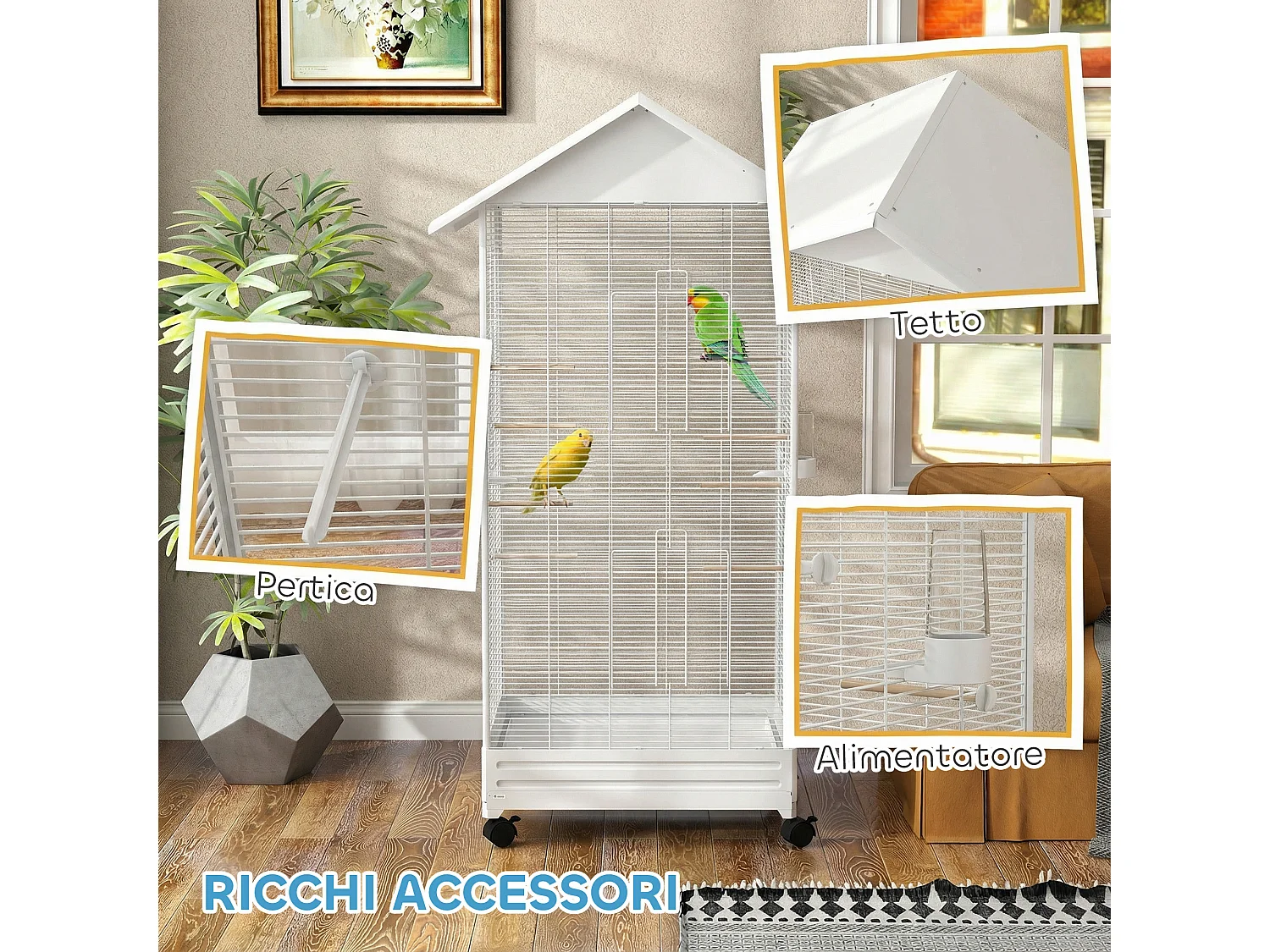 Gabbia per uccelli con ruote e vassoio in acciaio bianco