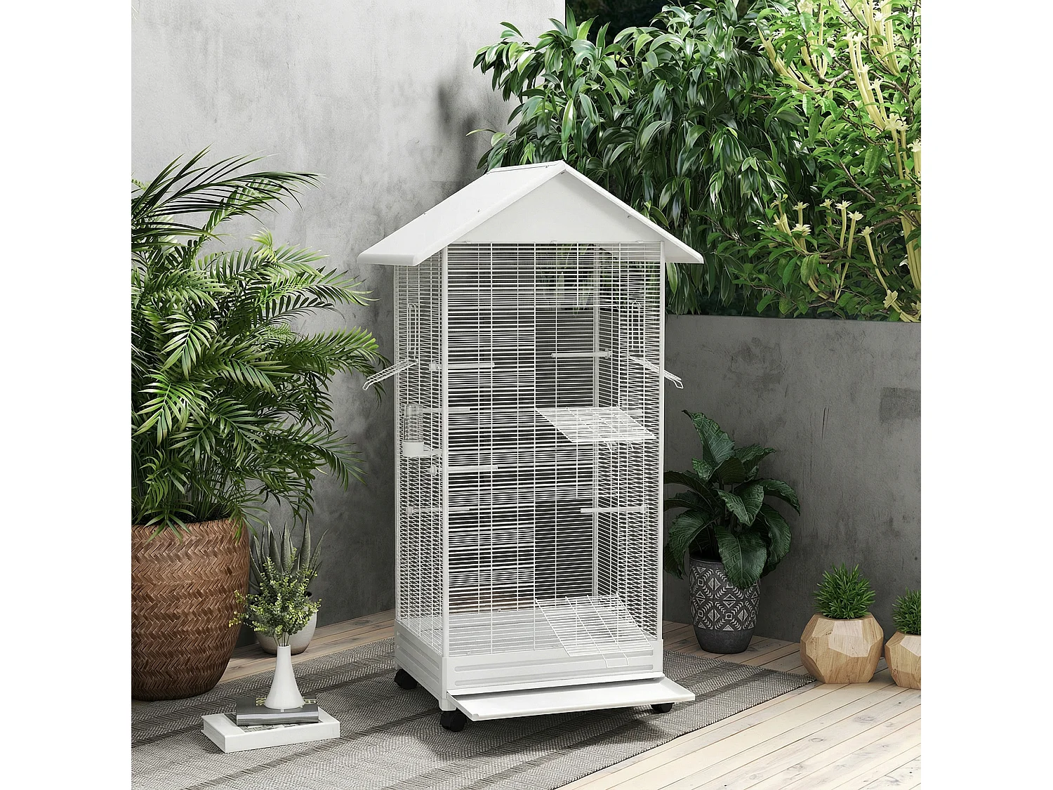 Gabbia per uccelli con ruote e vassoio in acciaio bianco