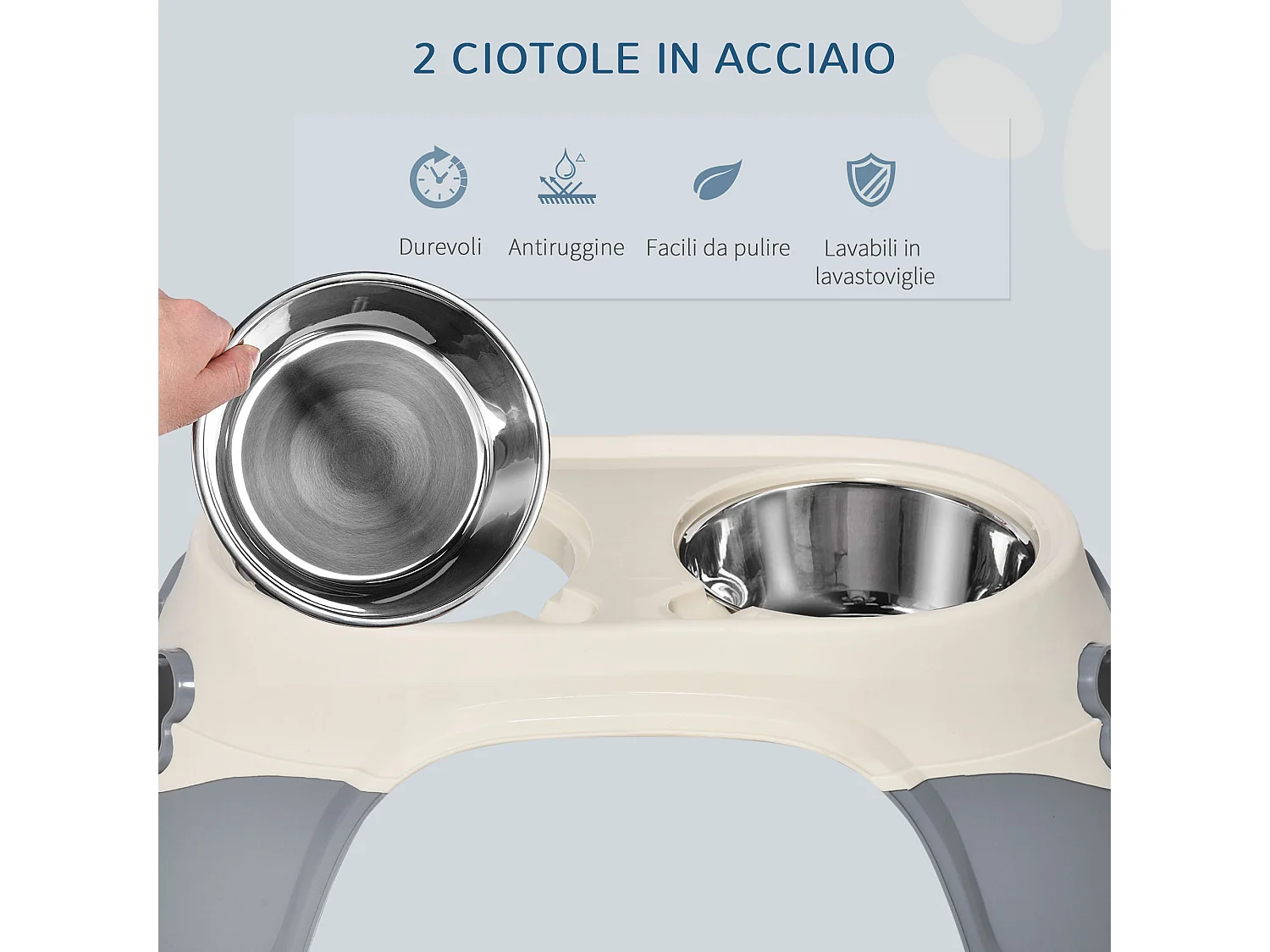 Doppia ciotola per cani rialzata acciaio e pp 47x25x20cm