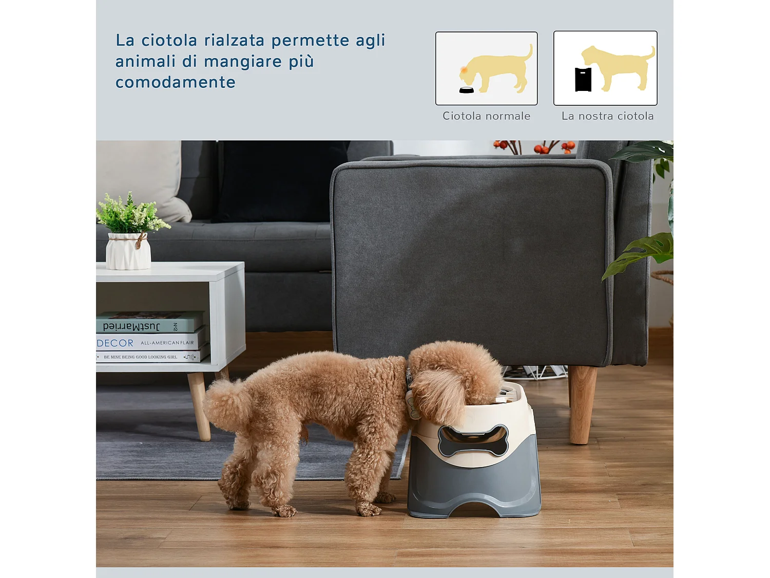 Doppia ciotola per cani rialzata acciaio e pp 47x25x20cm