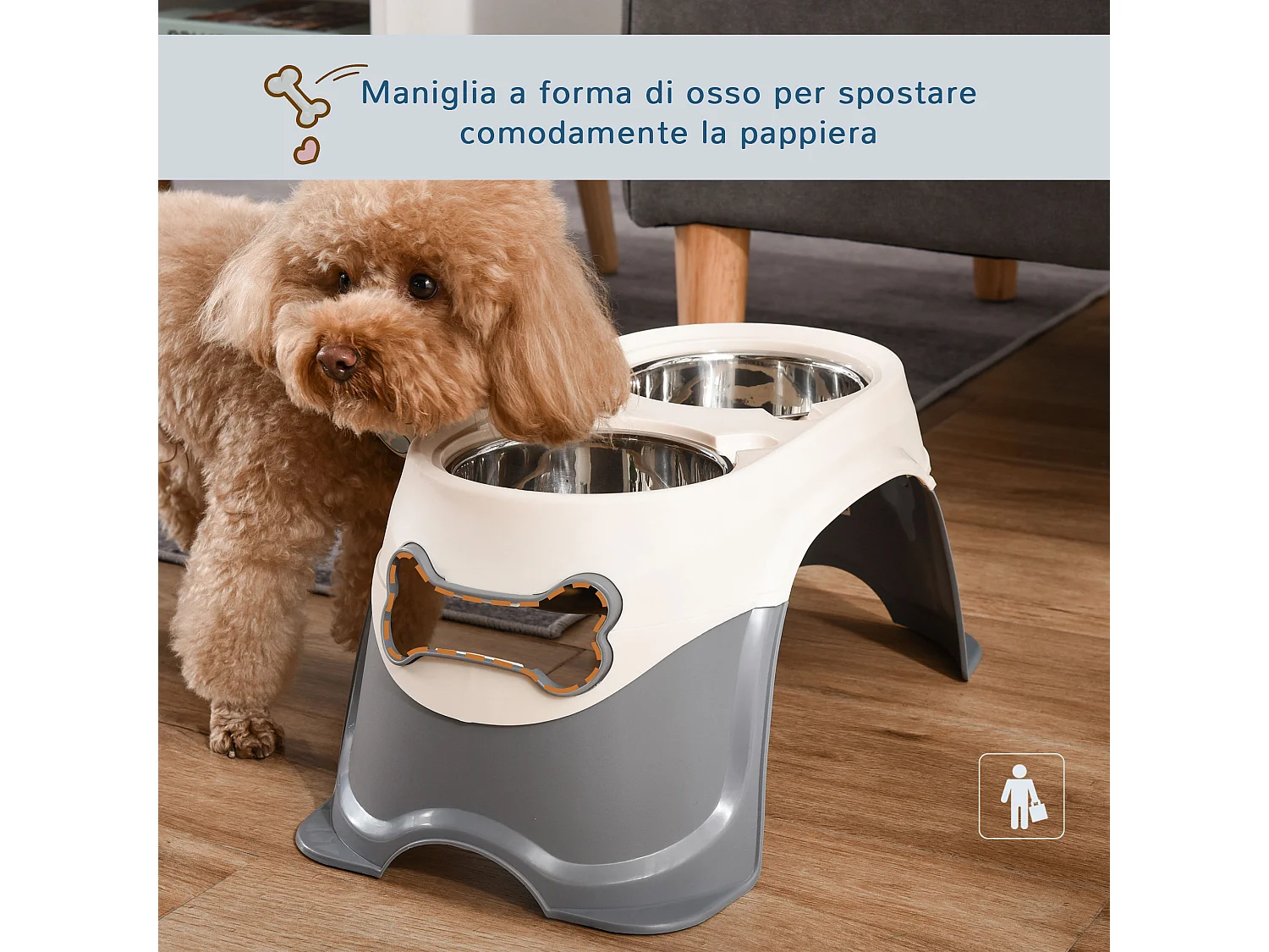 Doppia ciotola per cani rialzata acciaio e pp 47x25x20cm