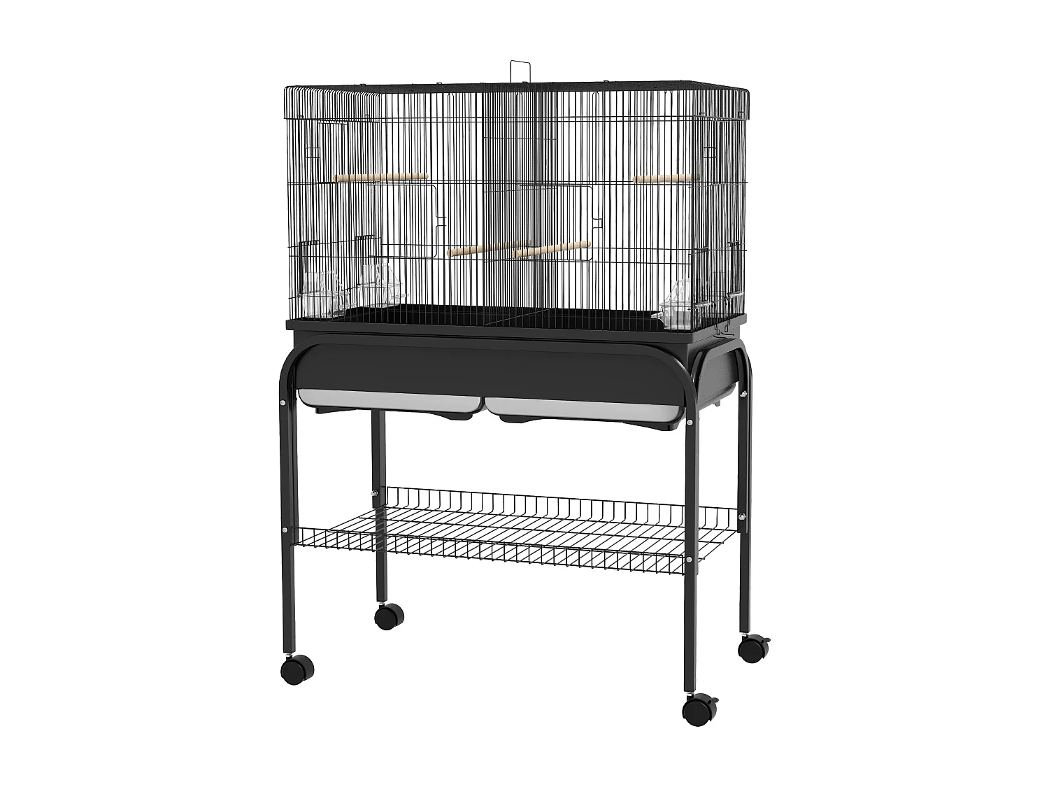 Gabbia per uccelli da interno con vassoio ripiano e ruote nero