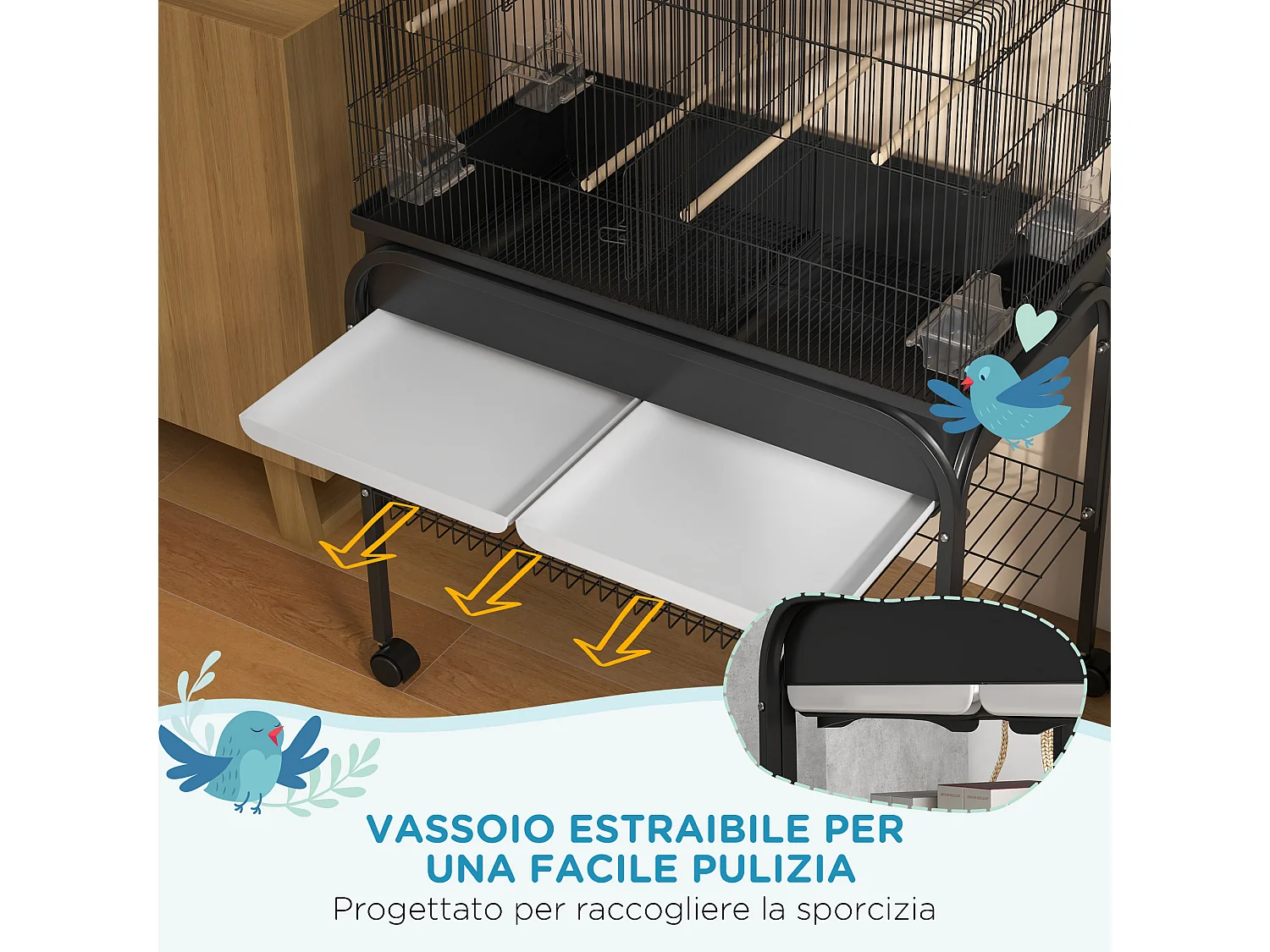 Gabbia per uccelli da interno con vassoio ripiano e ruote nero