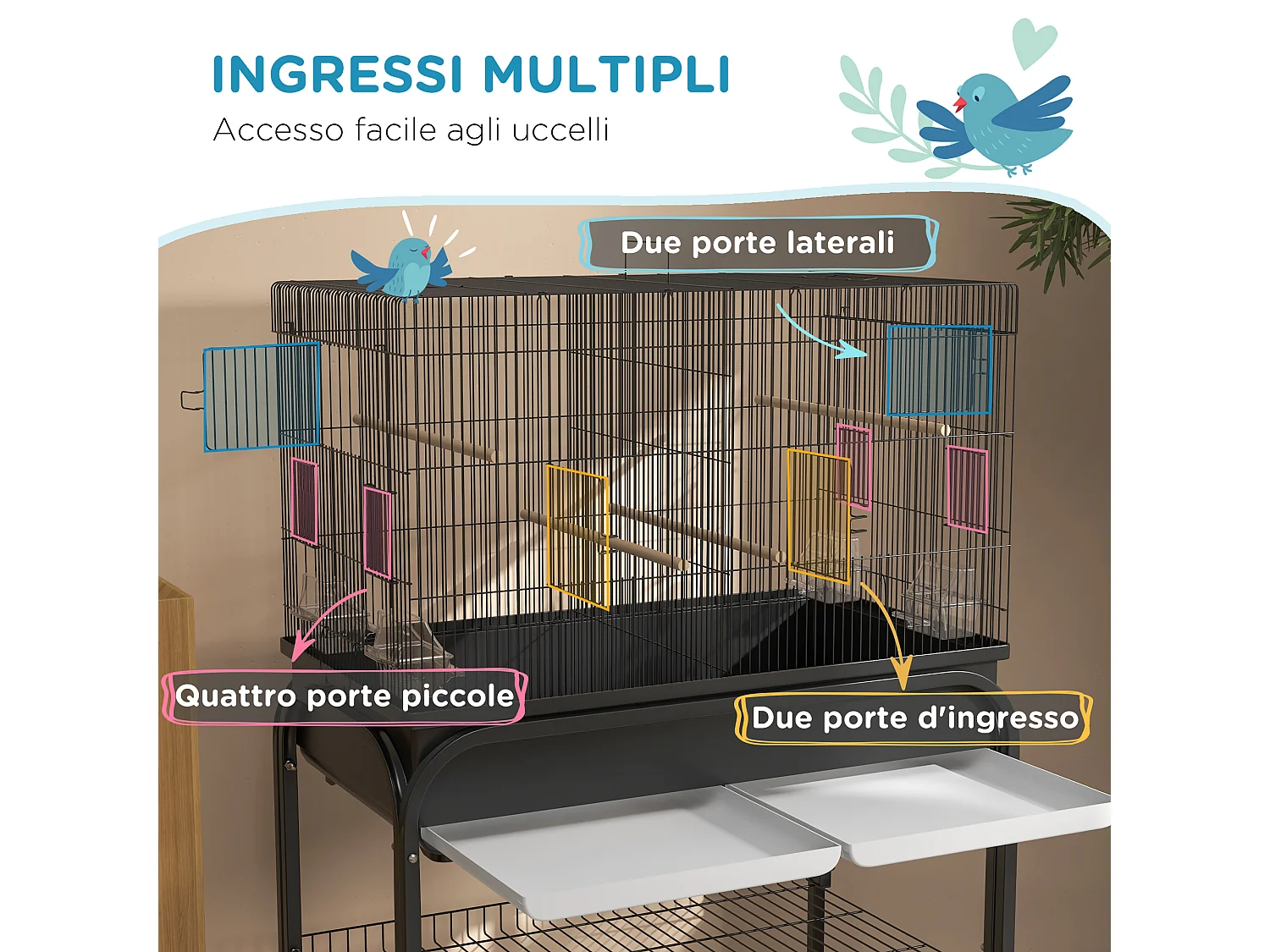 Gabbia per uccelli da interno con vassoio ripiano e ruote nero