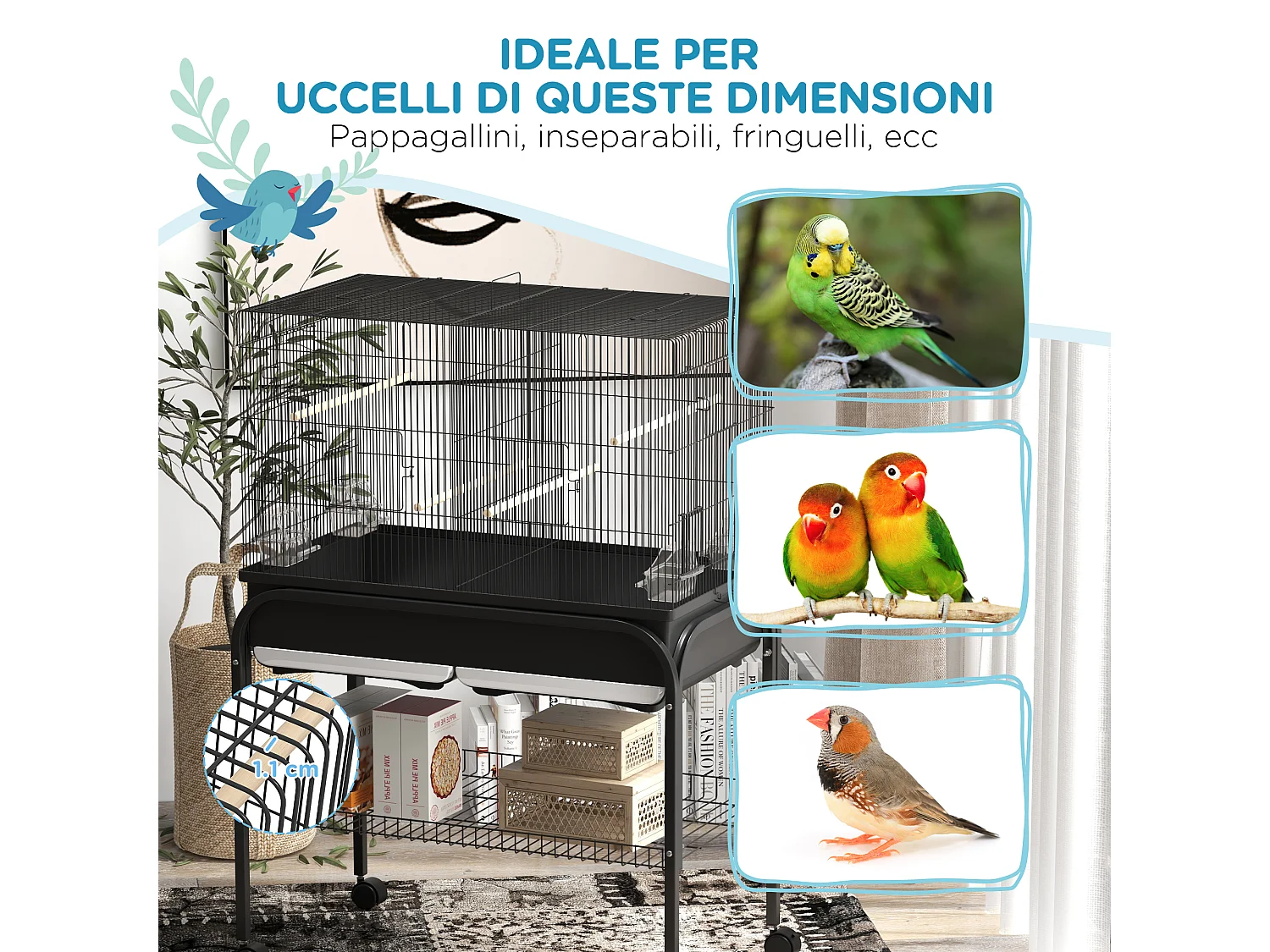 Gabbia per uccelli da interno con vassoio ripiano e ruote nero