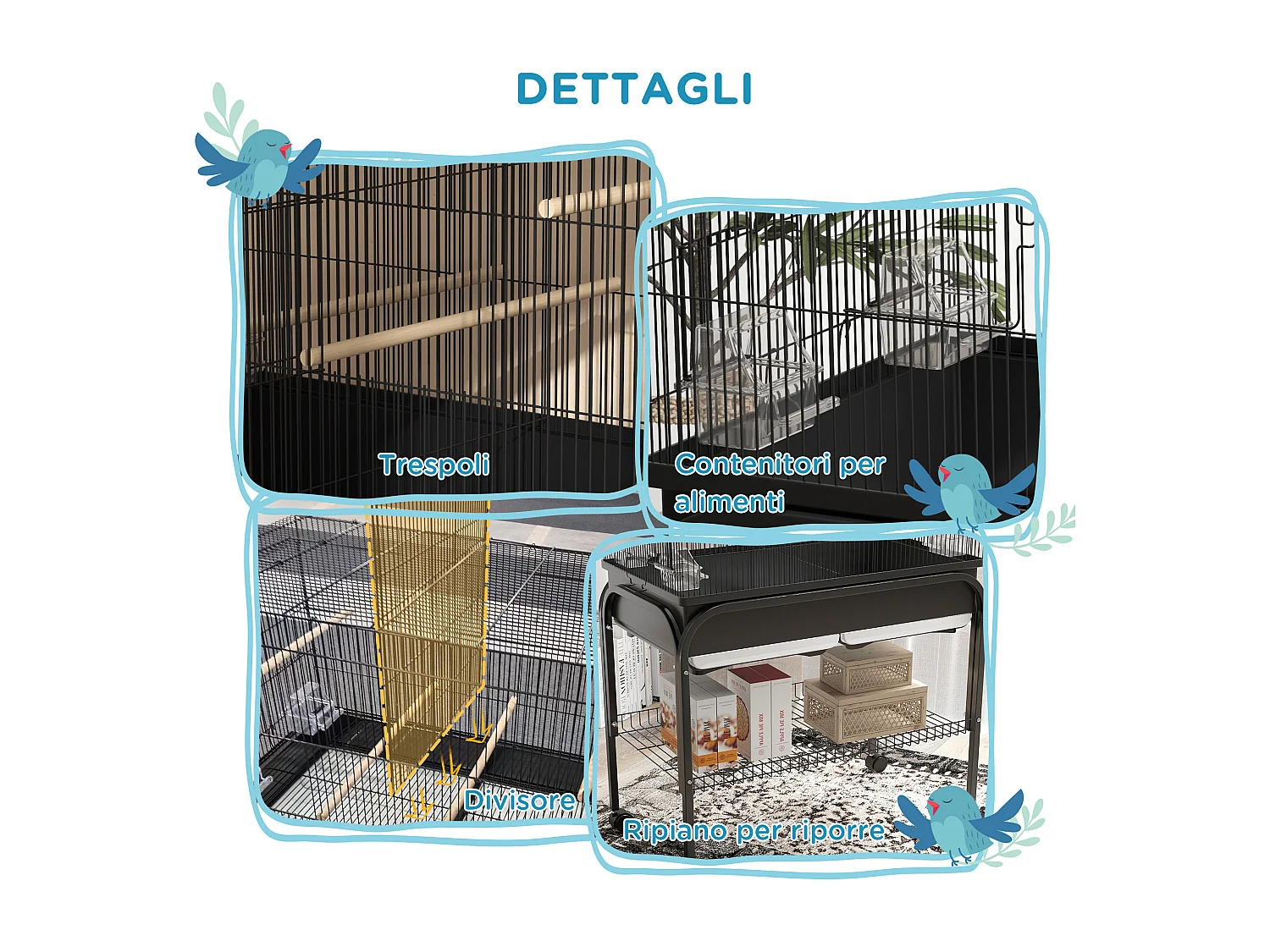 Gabbia per uccelli da interno con vassoio ripiano e ruote nero