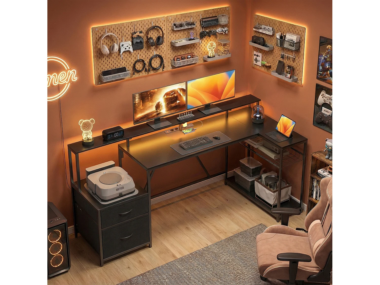 Scrivania gaming angolare con luci led rgb e supporto monitor nero