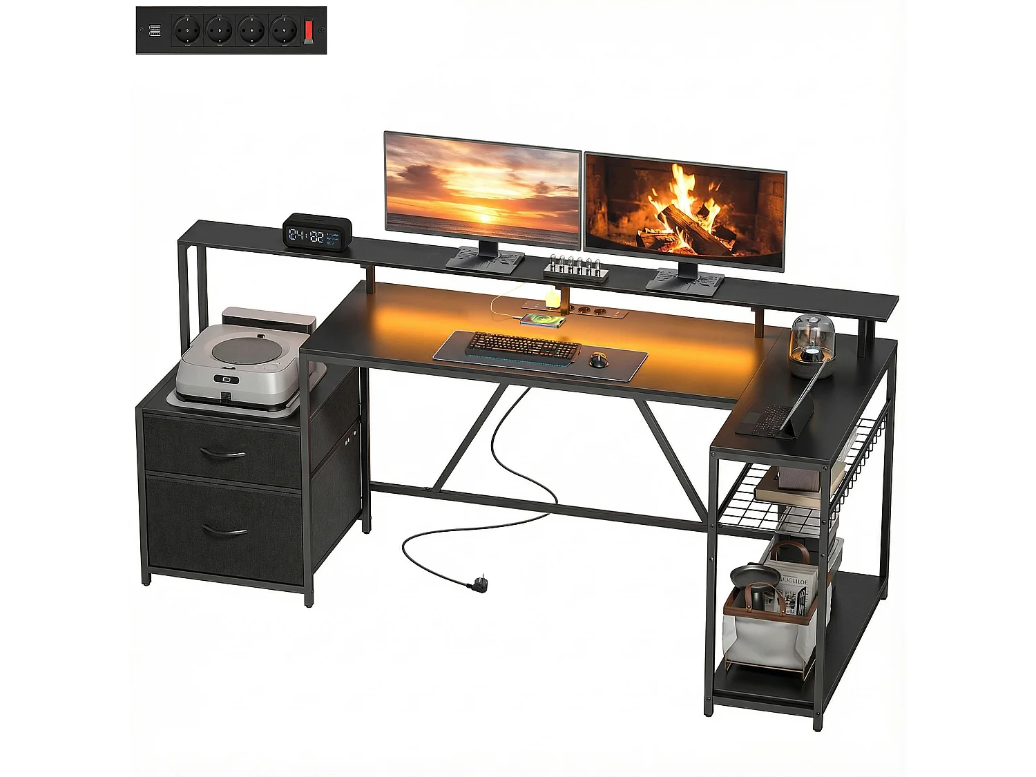 Scrivania gaming angolare con luci led rgb e supporto monitor nero