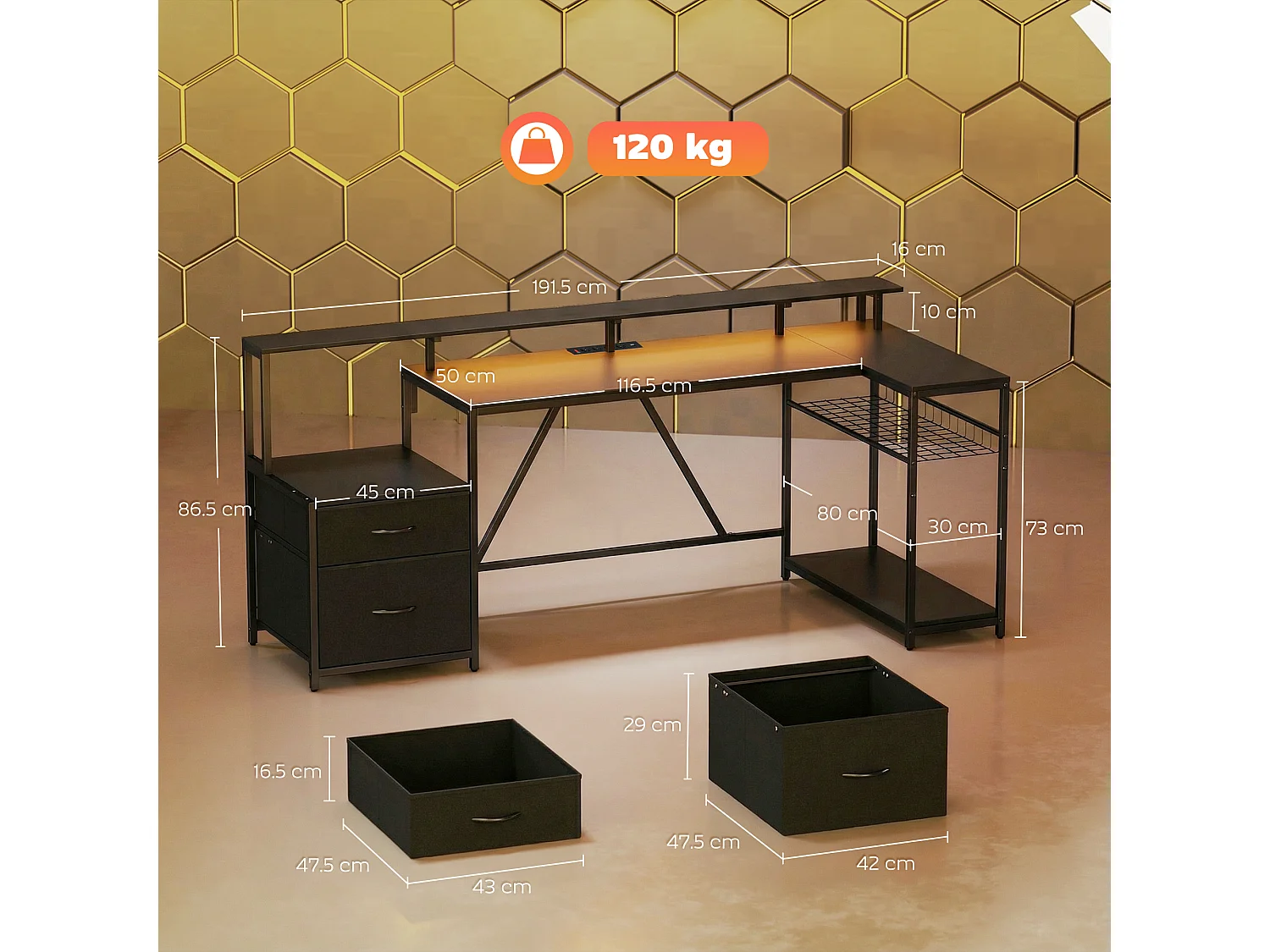 Scrivania gaming angolare con luci led rgb e supporto monitor nero