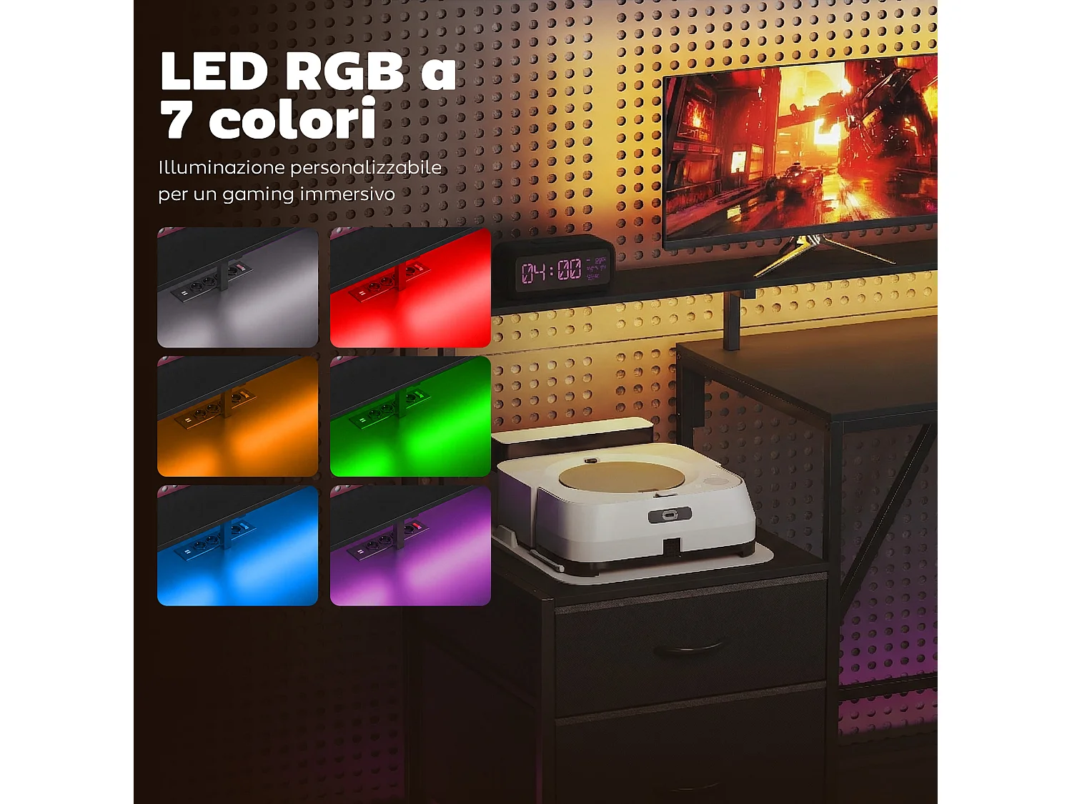 Scrivania gaming angolare con luci led rgb e supporto monitor nero