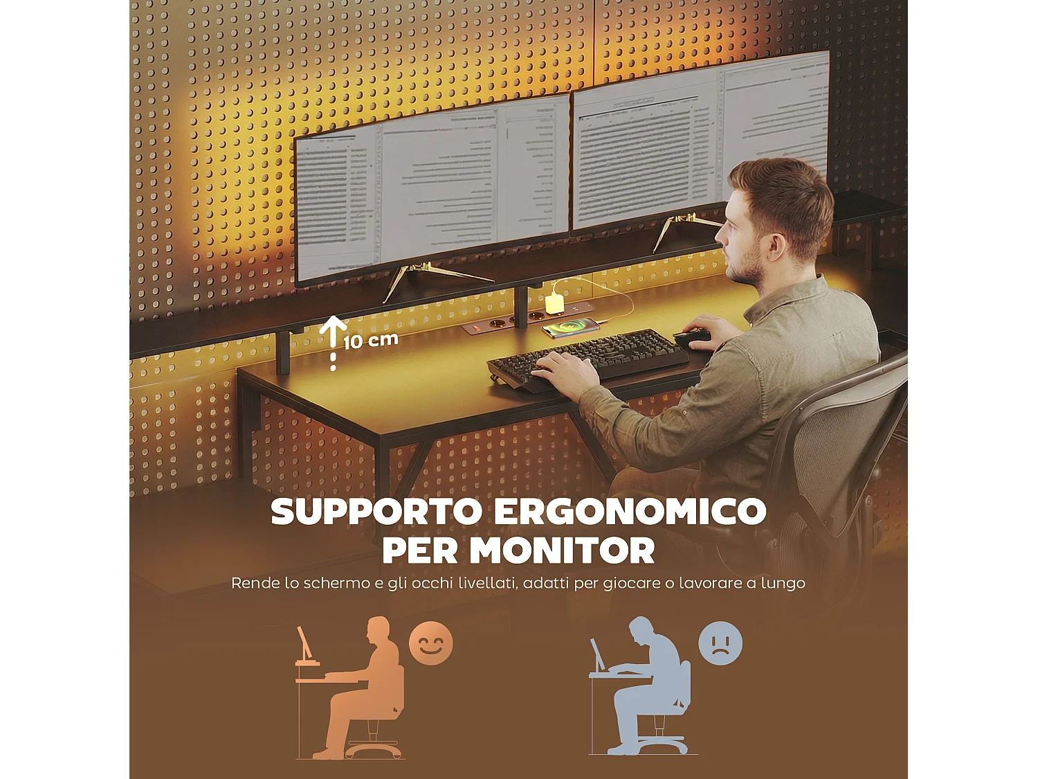 Scrivania gaming angolare con luci led rgb e supporto monitor nero