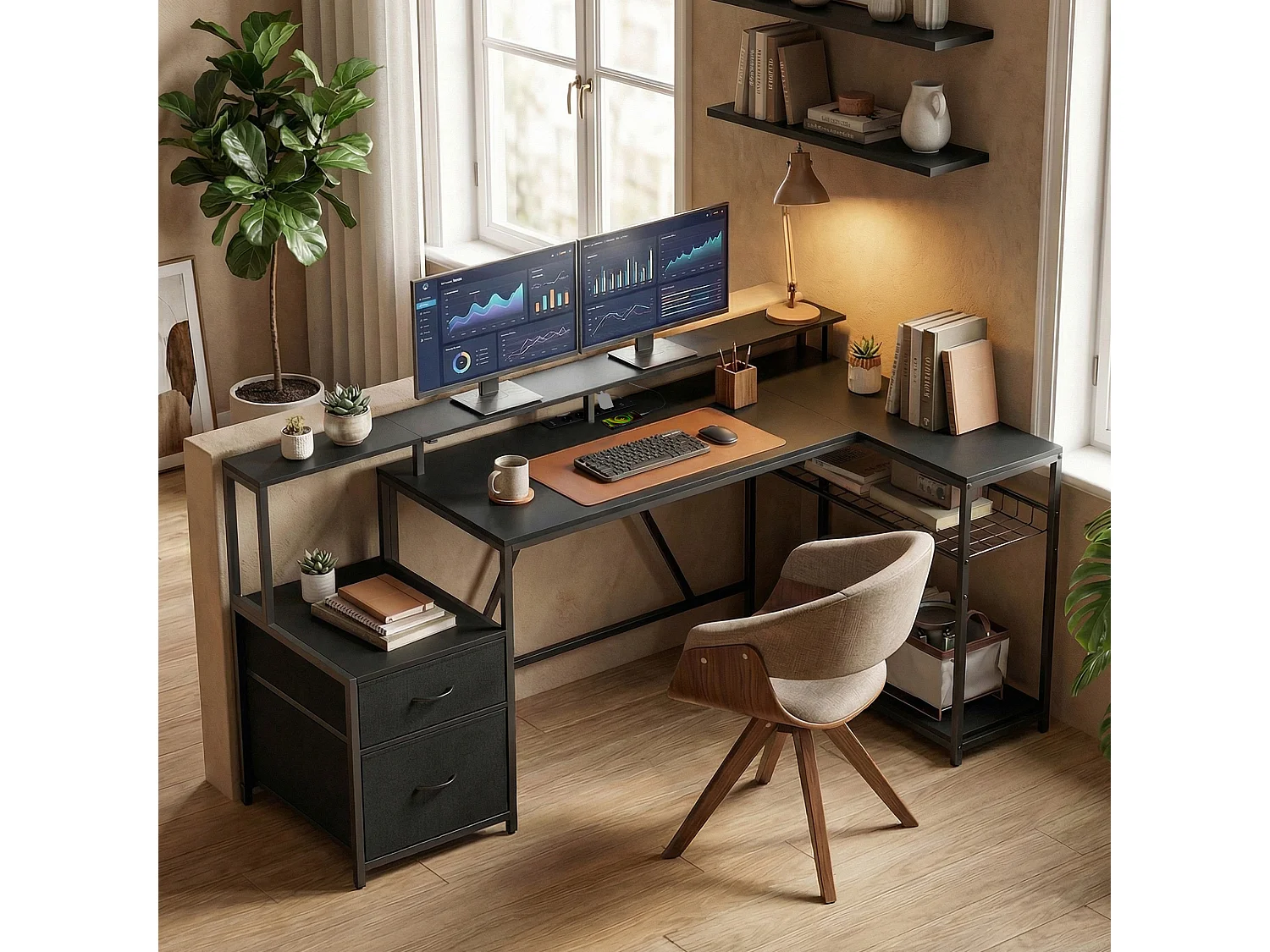 Scrivania gaming angolare con luci led rgb e supporto monitor nero