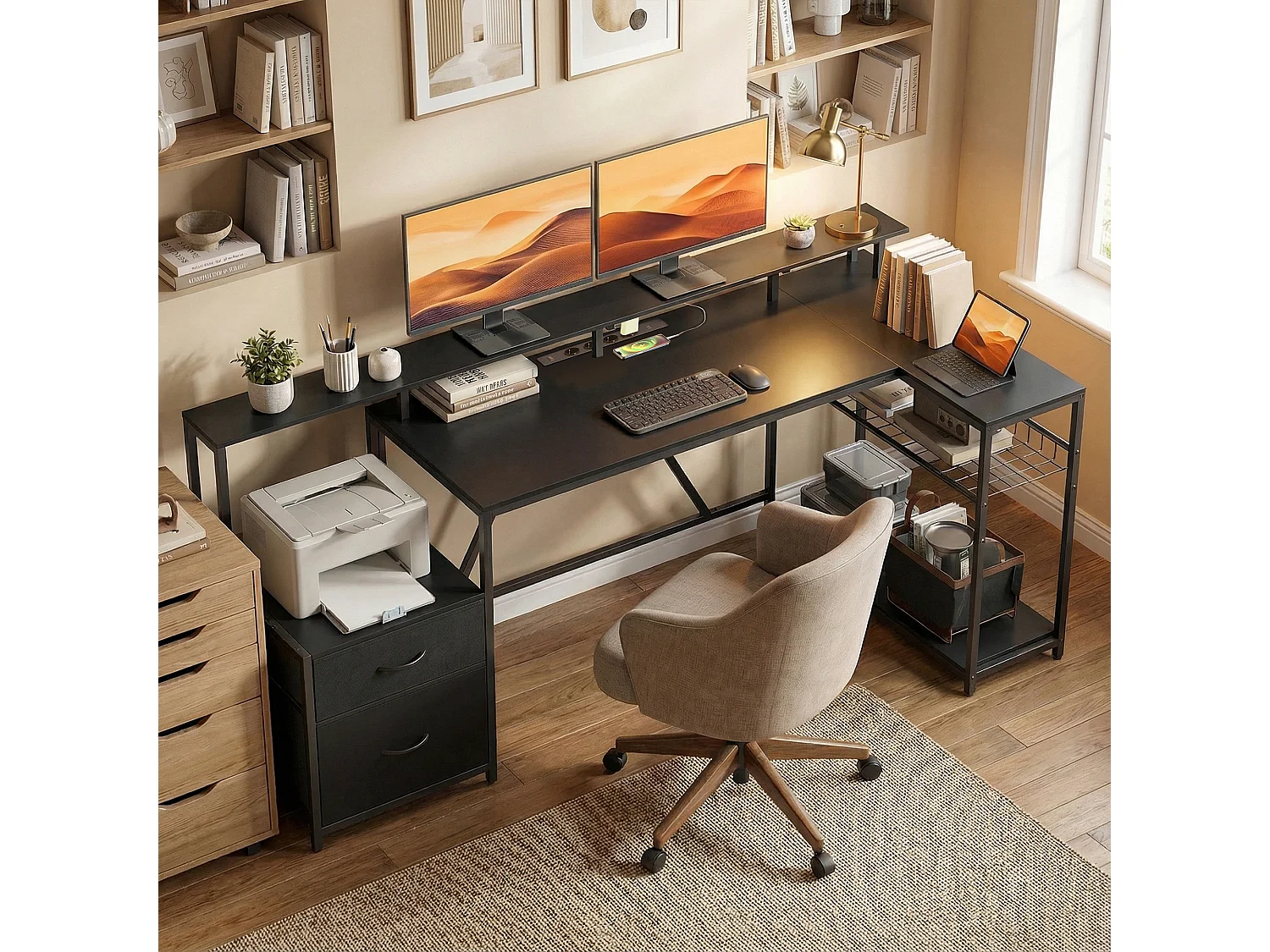 Scrivania gaming angolare con luci led rgb e supporto monitor nero