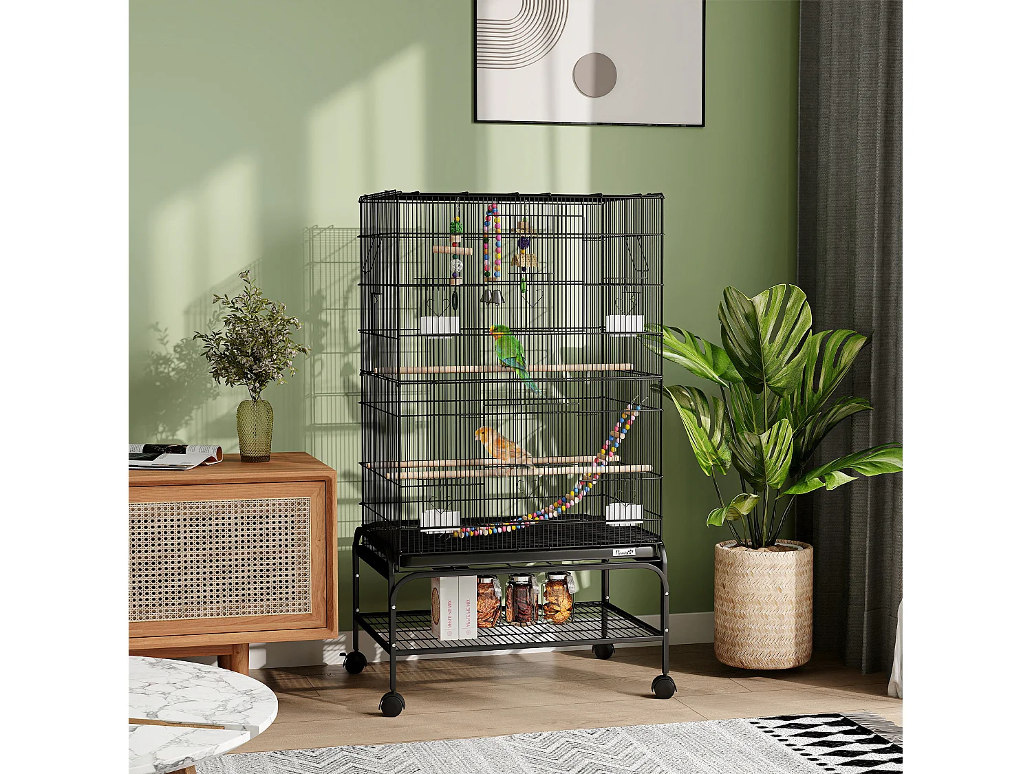 Gabbia per uccelli con area gioco ruote e vassoio acciaio nero