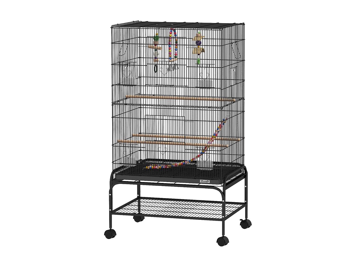 Gabbia per uccelli con area gioco ruote e vassoio acciaio nero