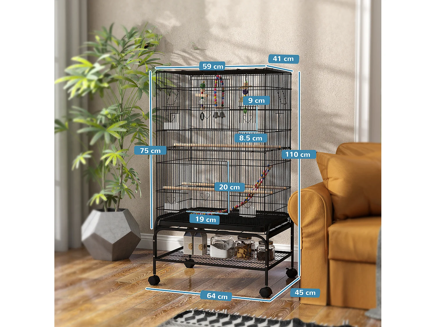 Gabbia per uccelli con area gioco ruote e vassoio acciaio nero