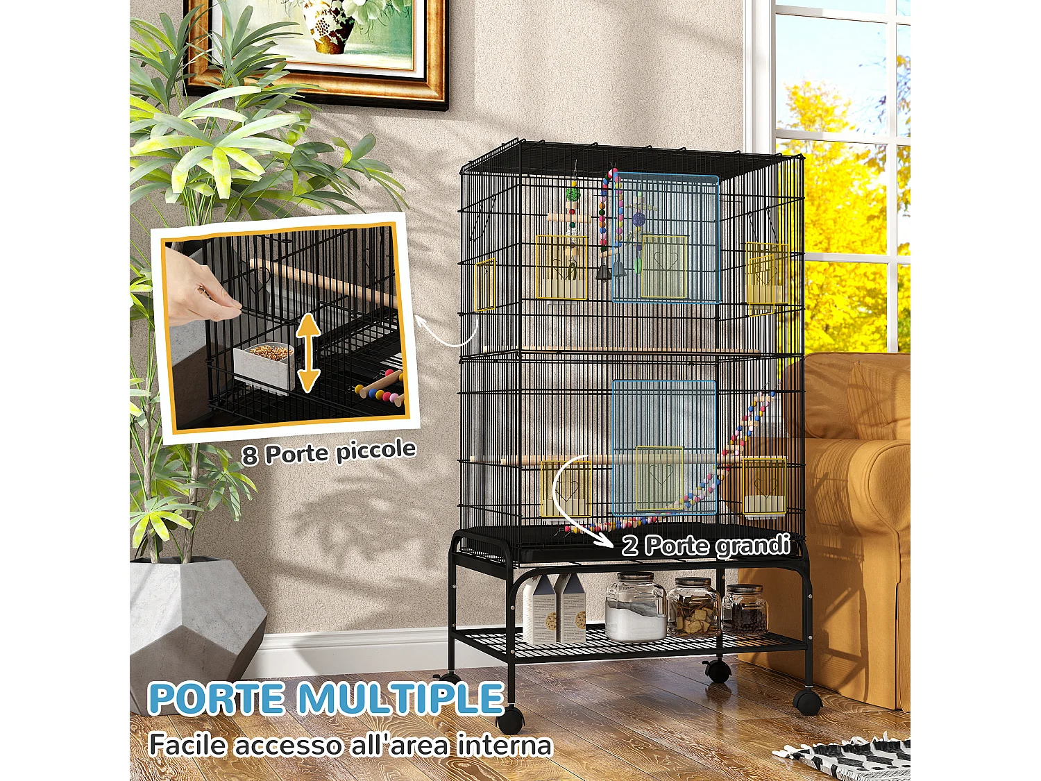 Gabbia per uccelli con area gioco ruote e vassoio acciaio nero