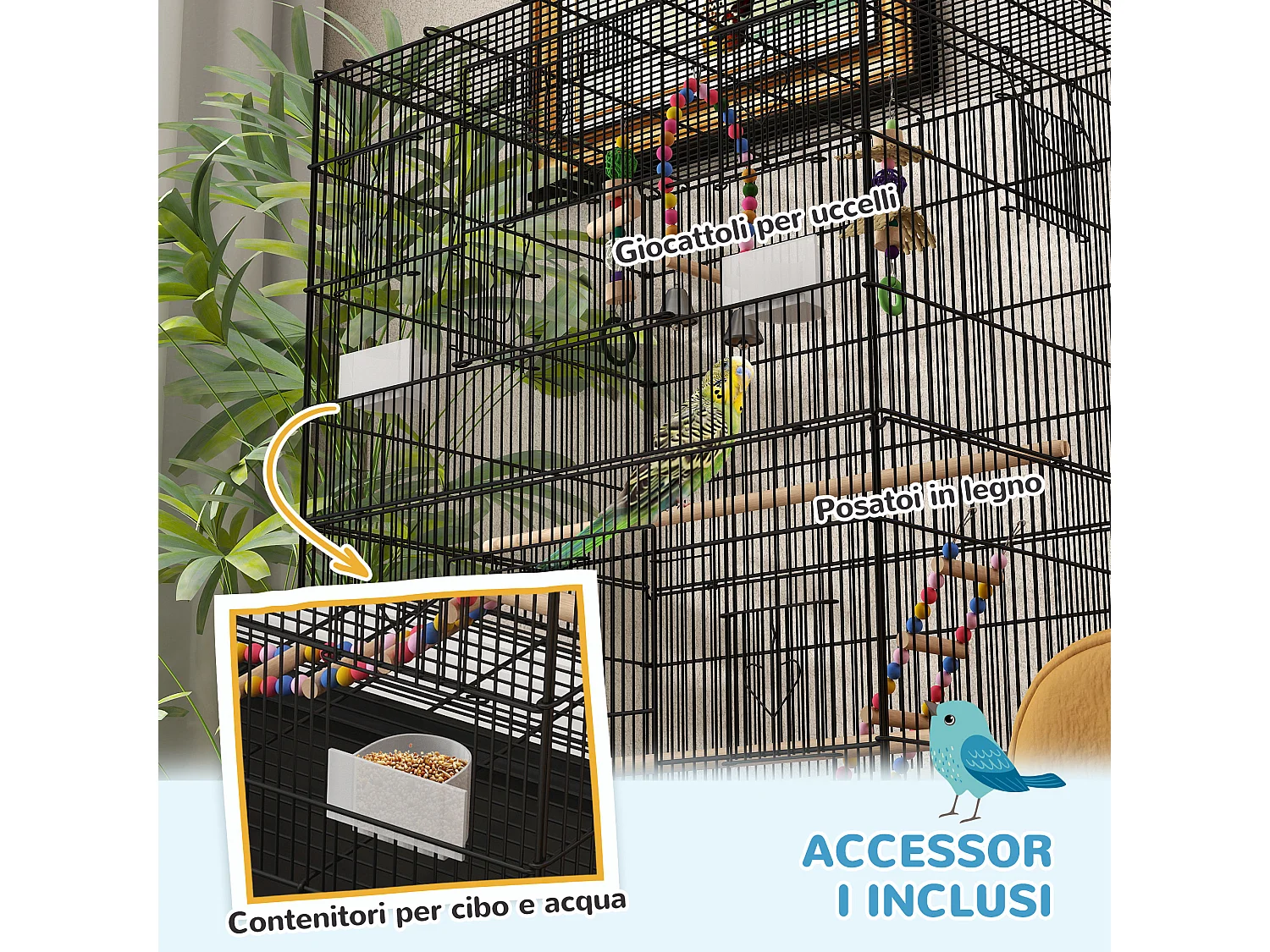 Gabbia per uccelli con area gioco ruote e vassoio acciaio nero