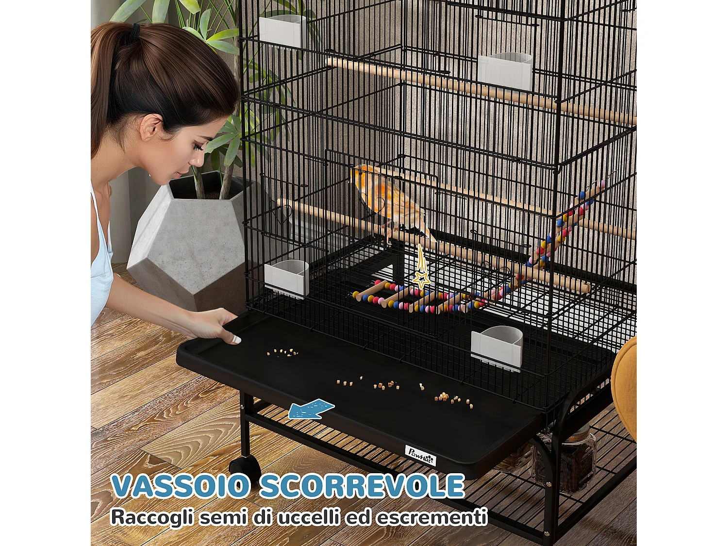 Gabbia per uccelli con area gioco ruote e vassoio acciaio nero