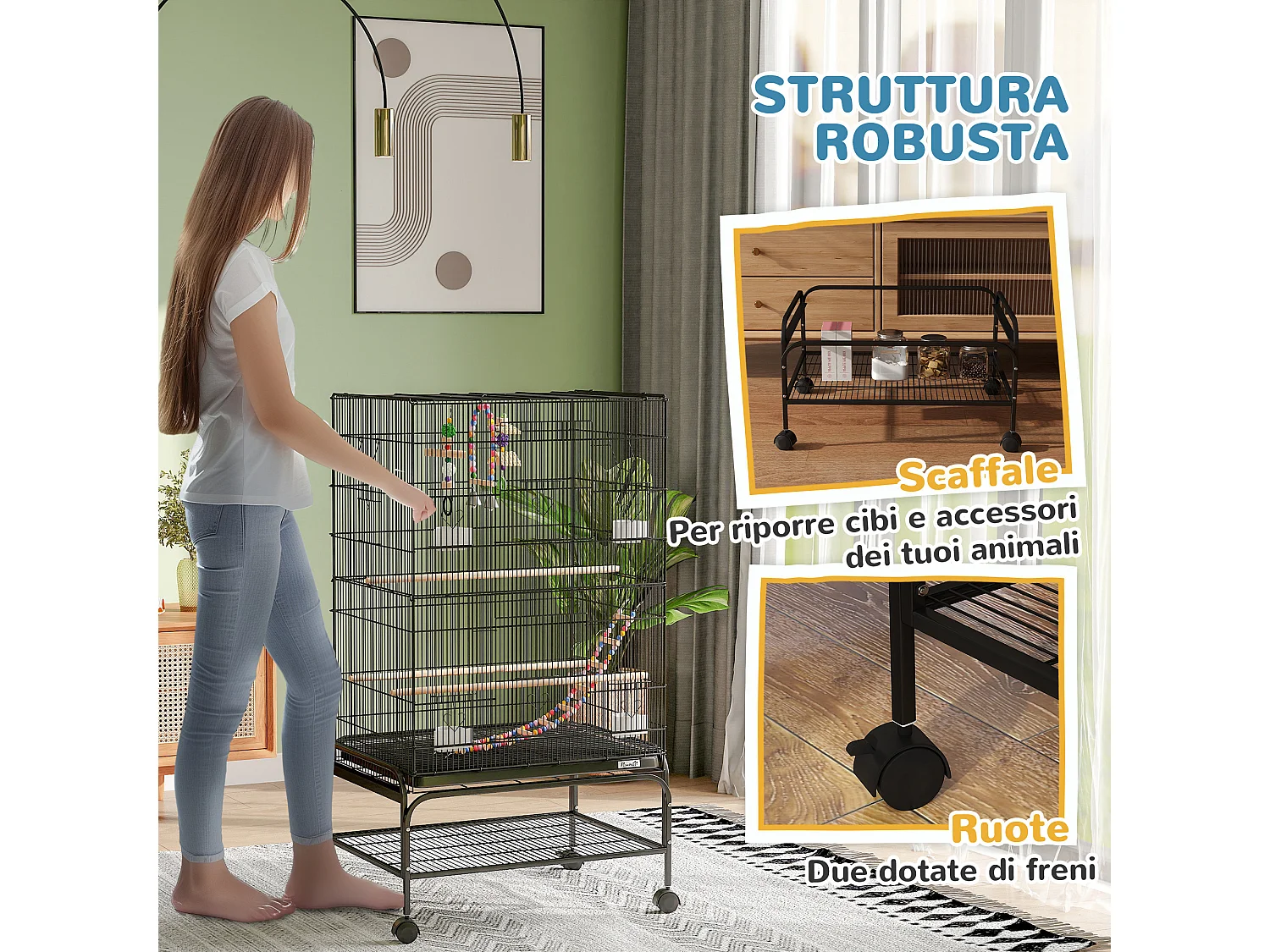 Gabbia per uccelli con area gioco ruote e vassoio acciaio nero