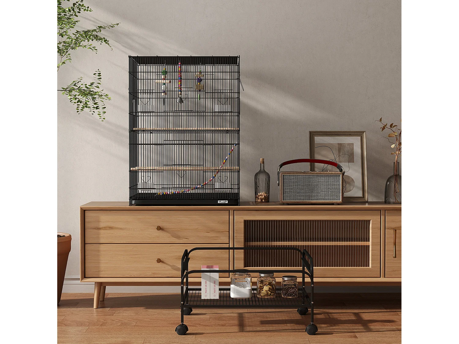 Gabbia per uccelli con area gioco ruote e vassoio acciaio nero