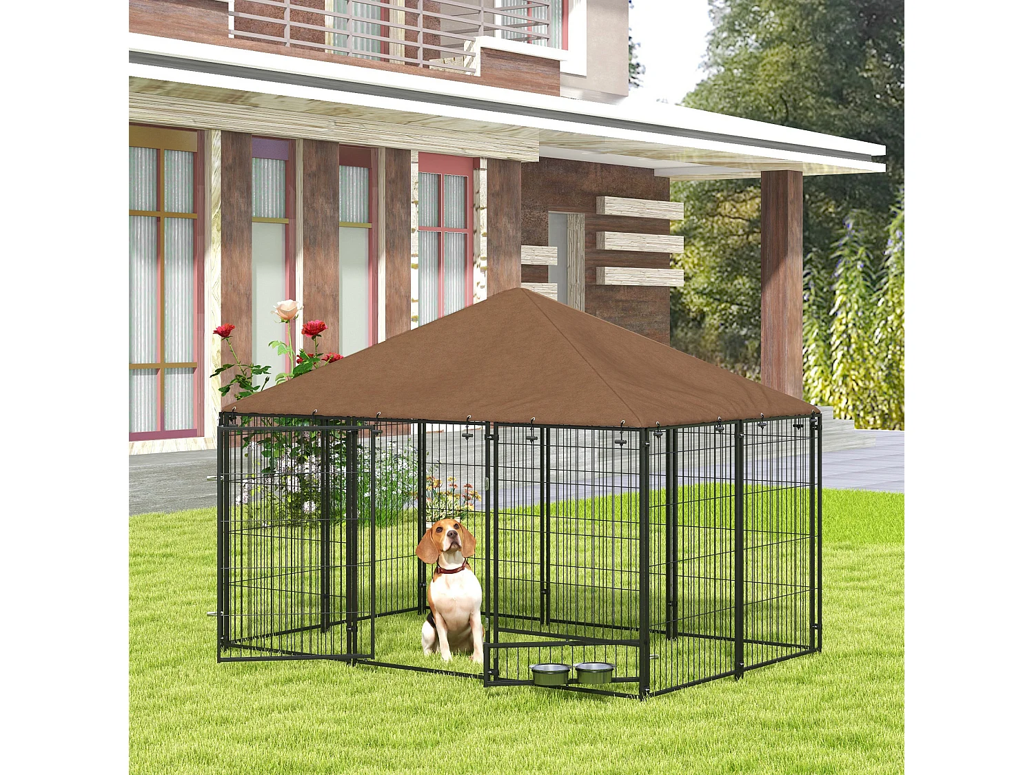 Recinto per cani in metallo 211x141x151 cm nero e marrone