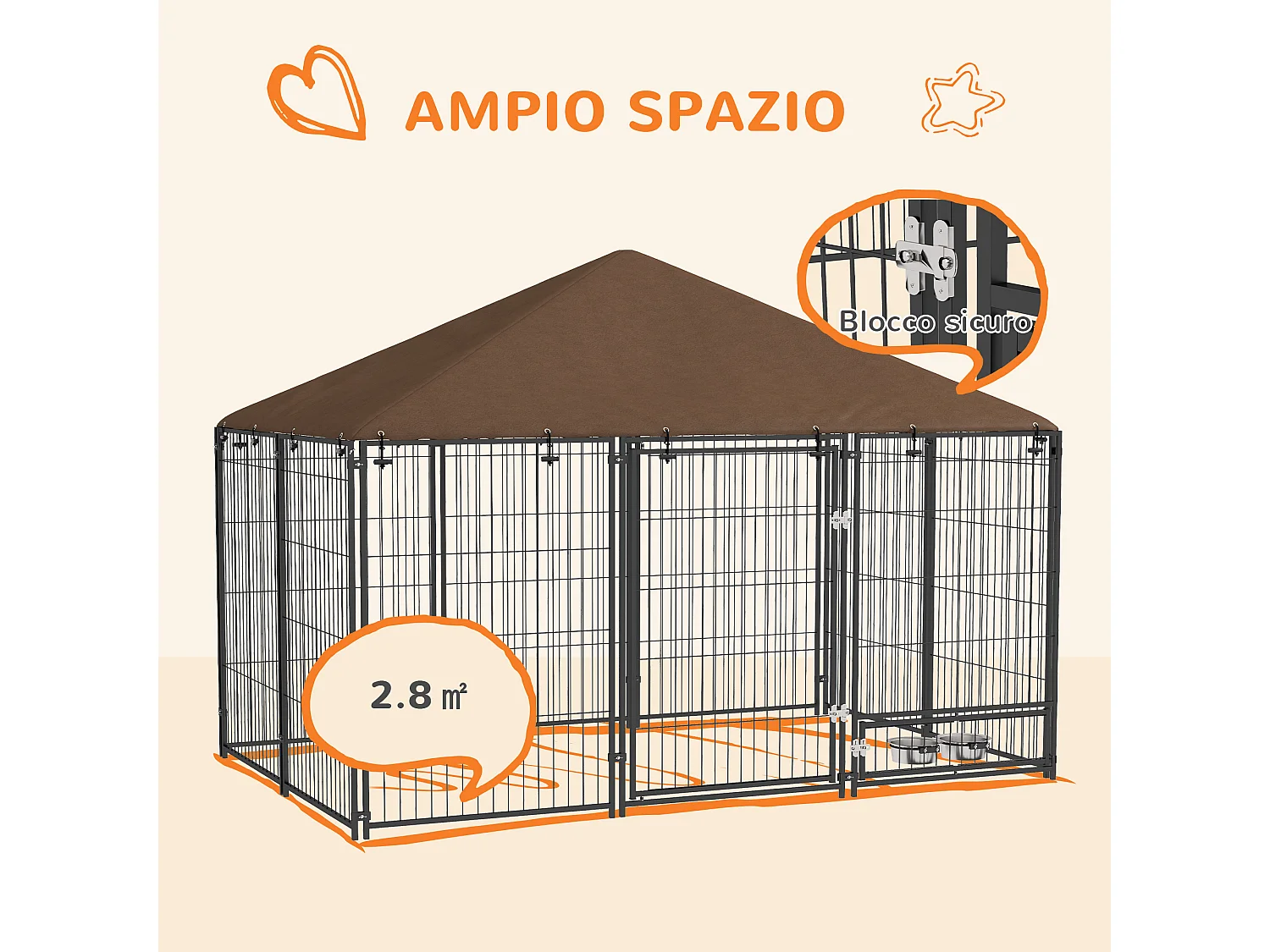 Recinto per cani in metallo 211x141x151 cm nero e marrone